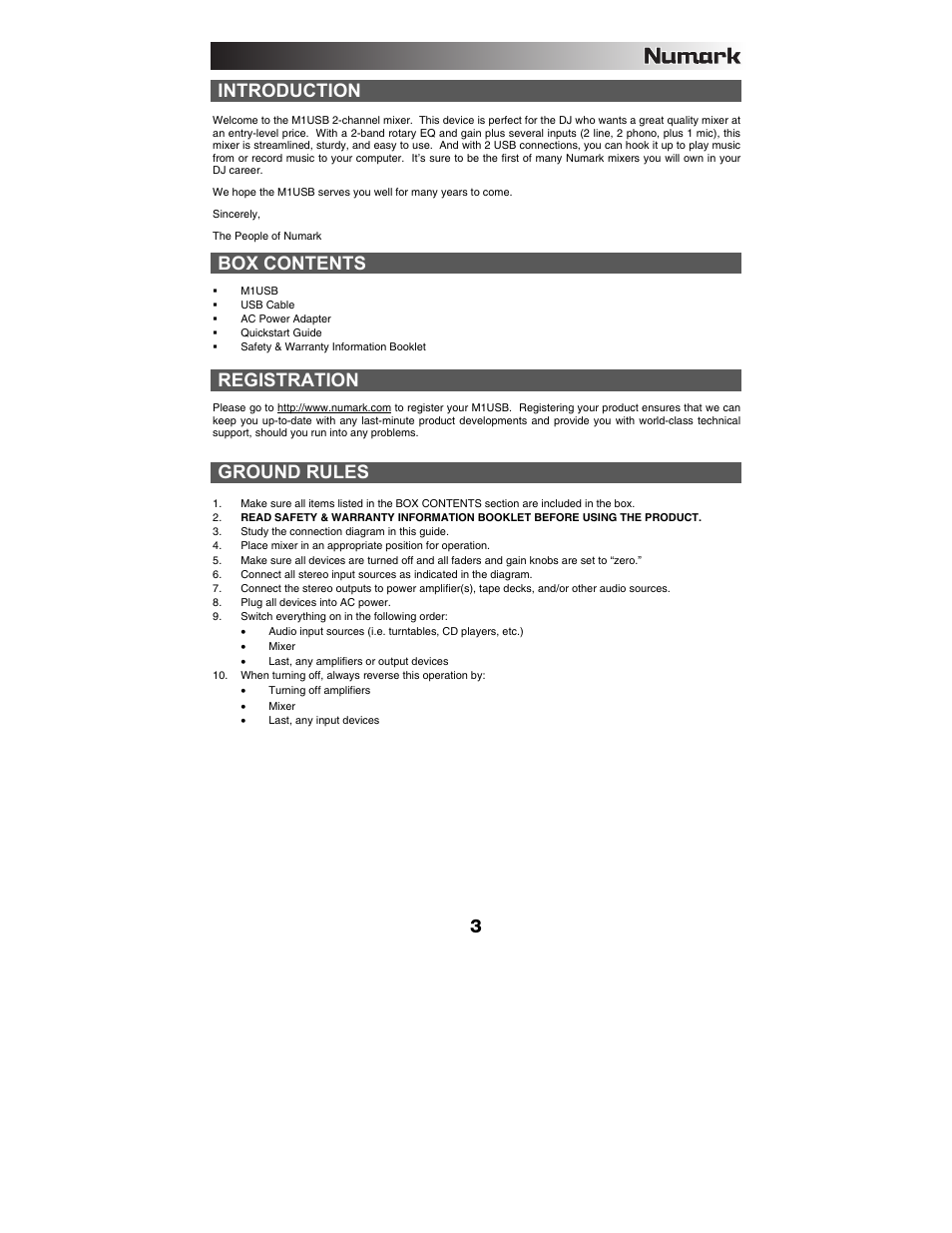 Box contents, Registration, Ground rules | Introduction | Numark Industries M1USB User Manual | Page 3 / 36