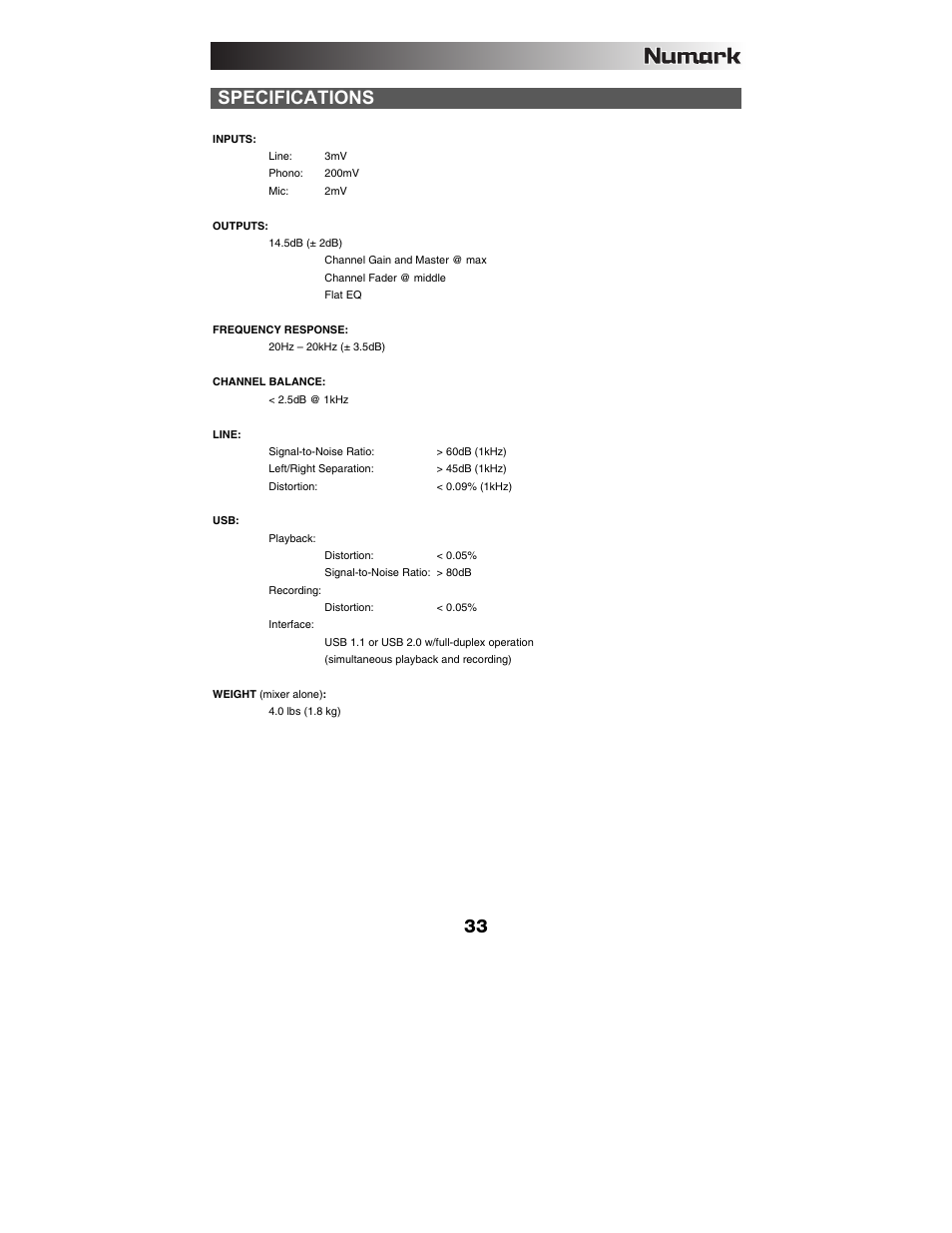 Specifications | Numark Industries M1USB User Manual | Page 33 / 36