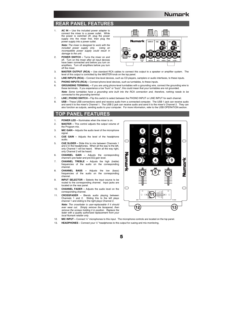 Rear panel features, Top panel features | Numark Industries M1USB User Manual | Page 5 / 36