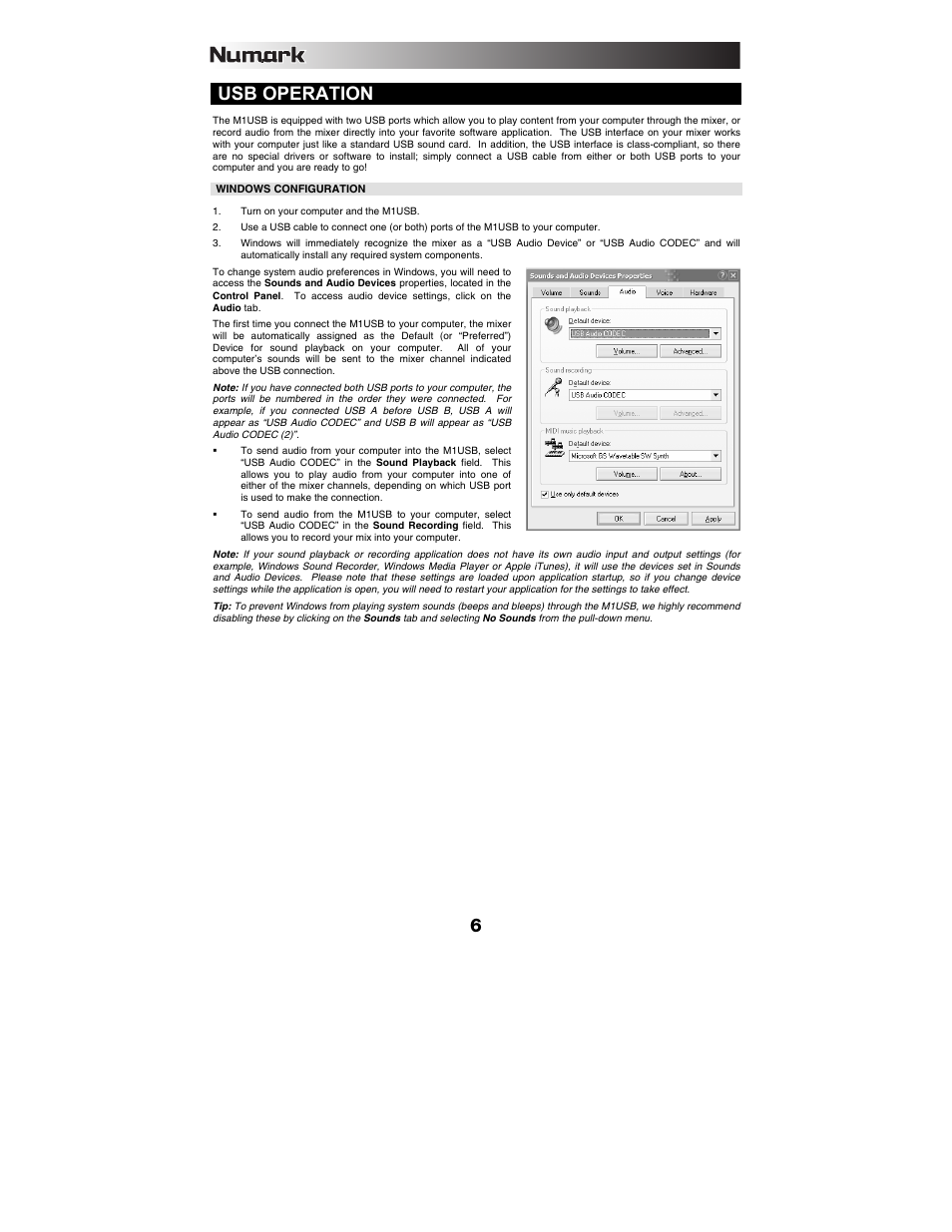 Usb operation | Numark Industries M1USB User Manual | Page 6 / 36