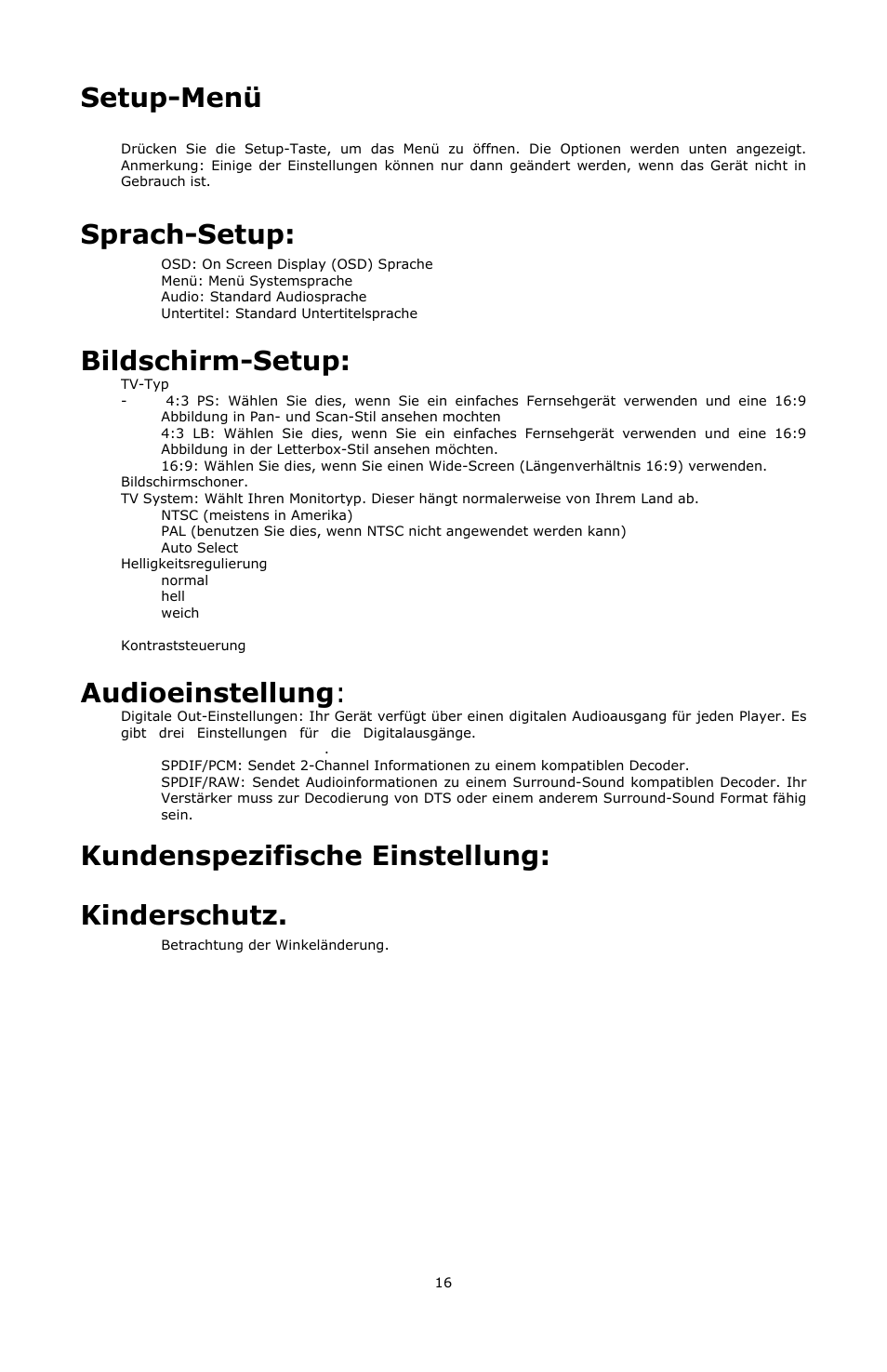 Setup-menü, Sprach-setup, Bildschirm-setup | Audioeinstellung, Kundenspezifische einstellung, Kinderschutz | Numark Industries VJ01 User Manual | Page 16 / 29