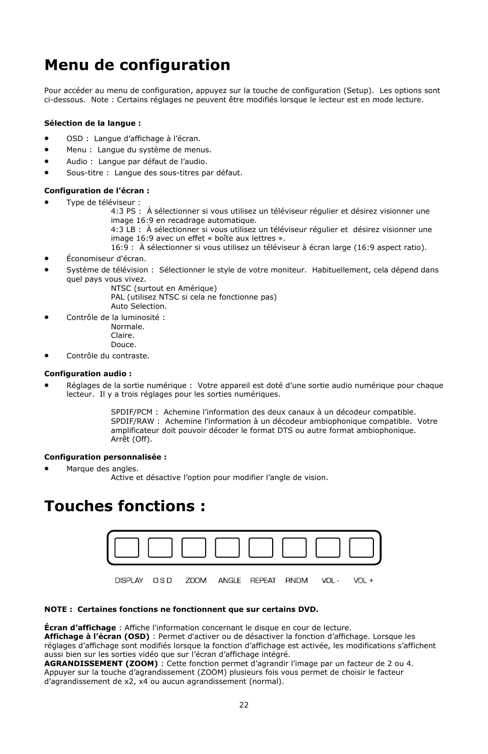 Menu de configuration, Touches fonctions | Numark Industries VJ01 User Manual | Page 22 / 29