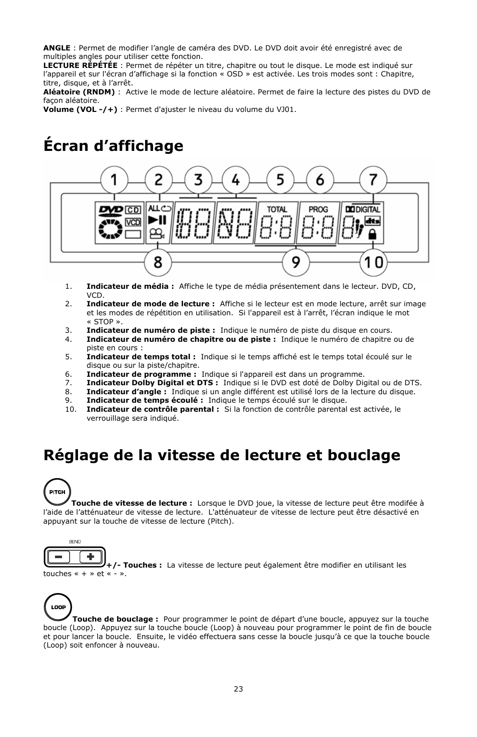 Écran d’affichage, Réglage de la vitesse de lecture et bouclage | Numark Industries VJ01 User Manual | Page 23 / 29