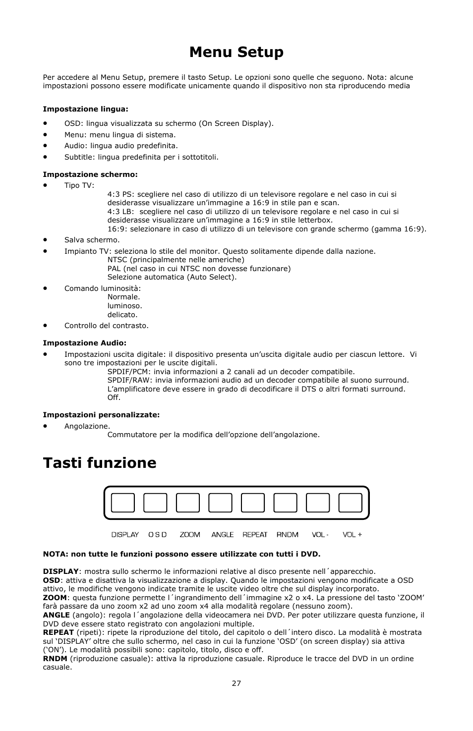 Menu setup, Tasti funzione | Numark Industries VJ01 User Manual | Page 27 / 29