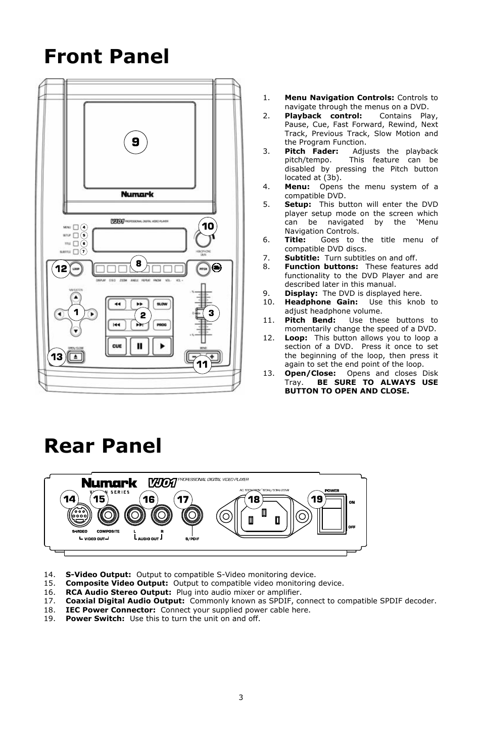 Front panel, Rear panel | Numark Industries VJ01 User Manual | Page 3 / 29