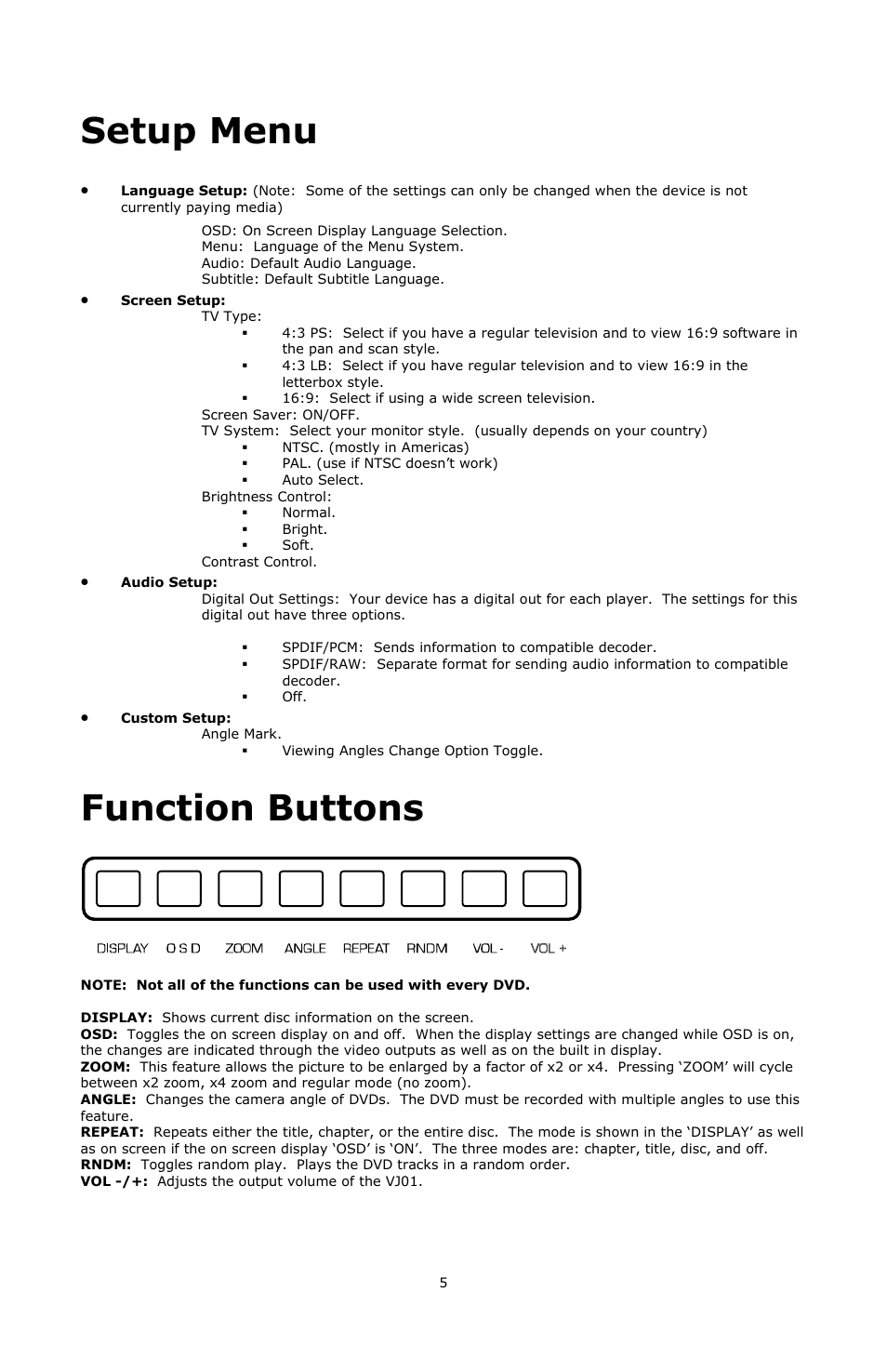 Setup menu, Function buttons | Numark Industries VJ01 User Manual | Page 5 / 29