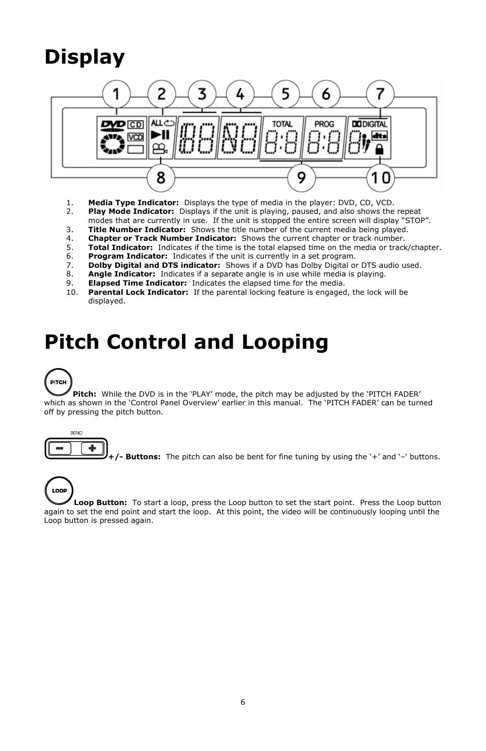 Display, Pitch control and looping | Numark Industries VJ01 User Manual | Page 6 / 29