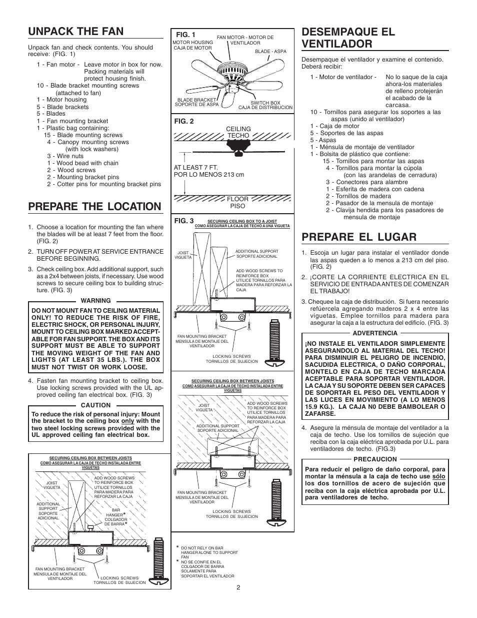 Unpack the fan, Prepare the location, Desempaque el ventilador | Prepare el lugar, Fig. 1, Fig. 2 fig. 3 | NuTone PFCH52 User Manual | Page 2 / 8