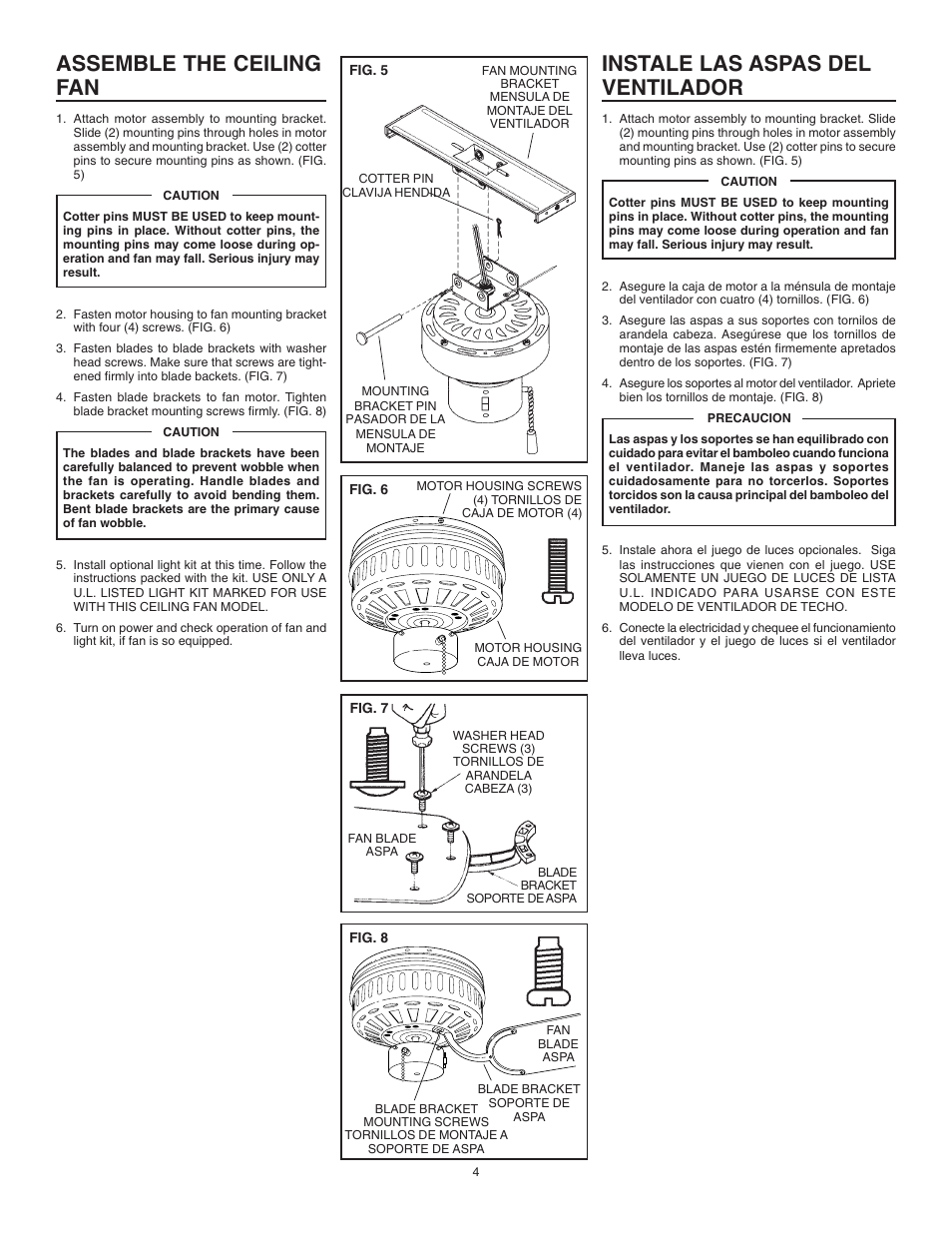 Instale las aspas del ventilador, Assemble the ceiling fan | NuTone PFCH52 User Manual | Page 4 / 8