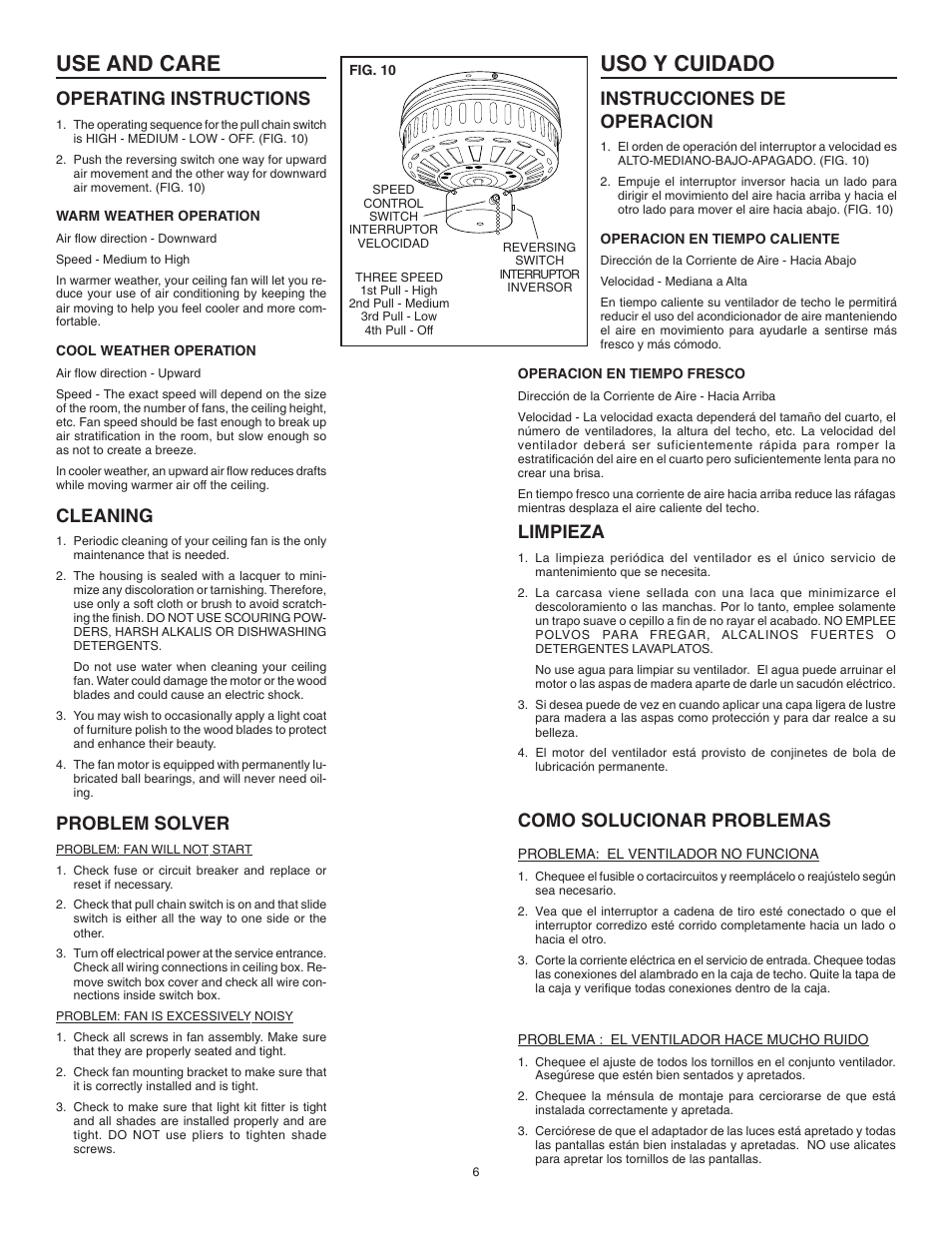 Use and care, Uso y cuidado, Operating instructions | Cleaning, Problem solver, Instrucciones de operacion, Limpieza, Como solucionar problemas | NuTone PFCH52 User Manual | Page 6 / 8