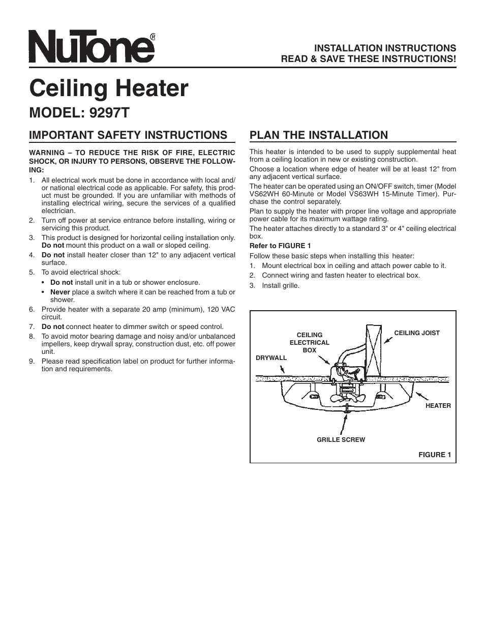 NuTone 9297T User Manual | 8 pages