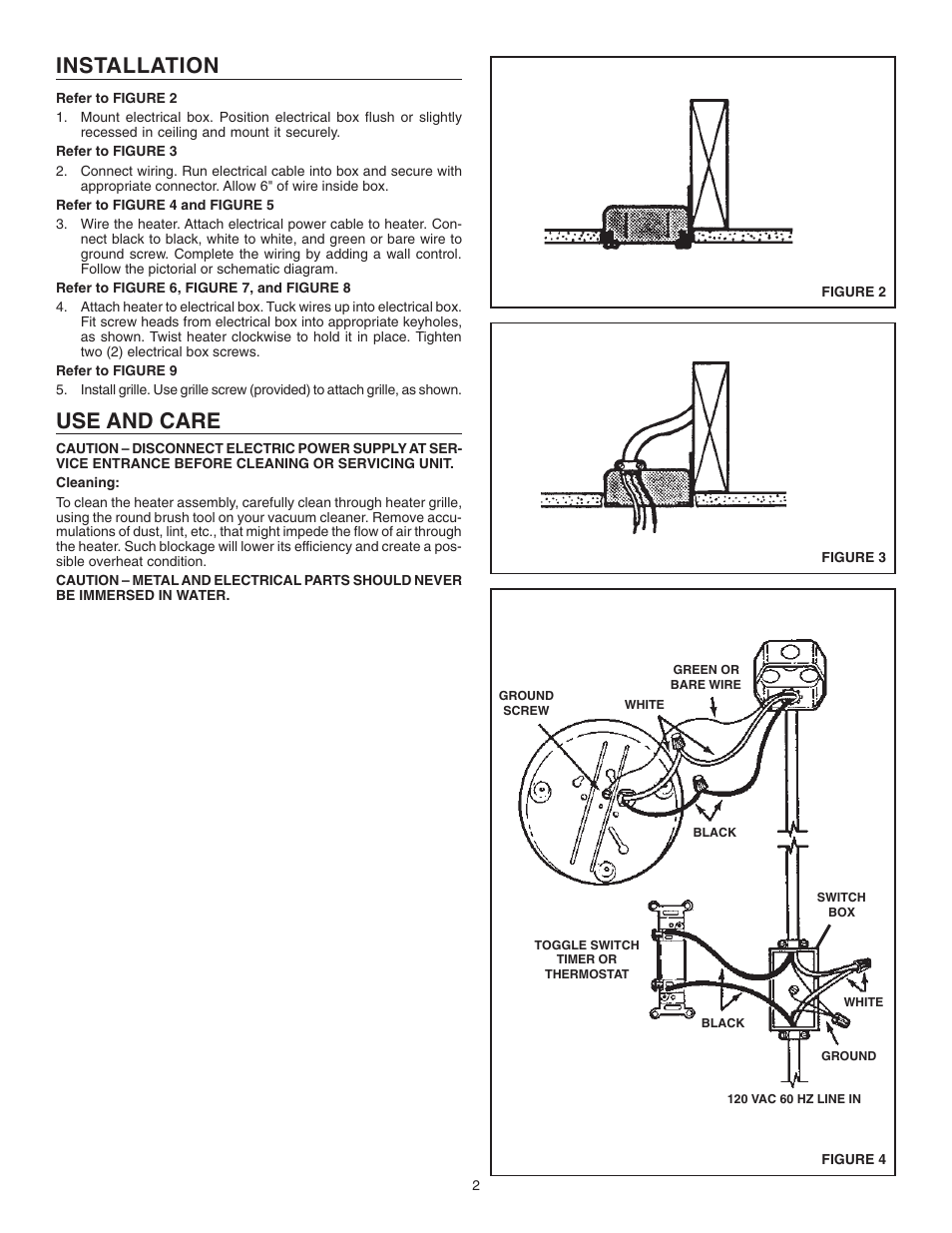 Installation, Use and care | NuTone 9297T User Manual | Page 2 / 8