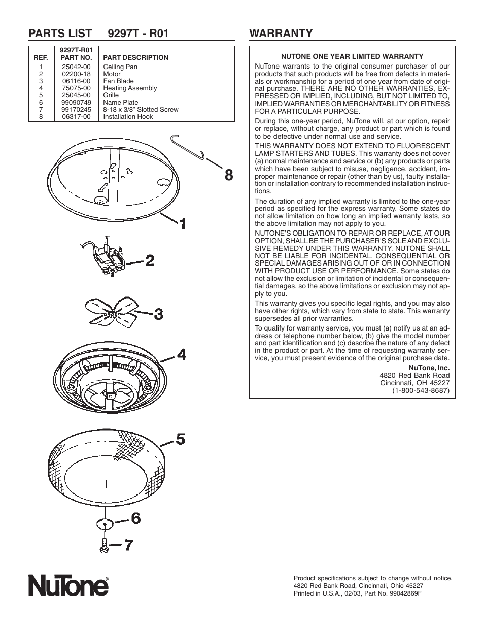 Warranty | NuTone 9297T User Manual | Page 4 / 8