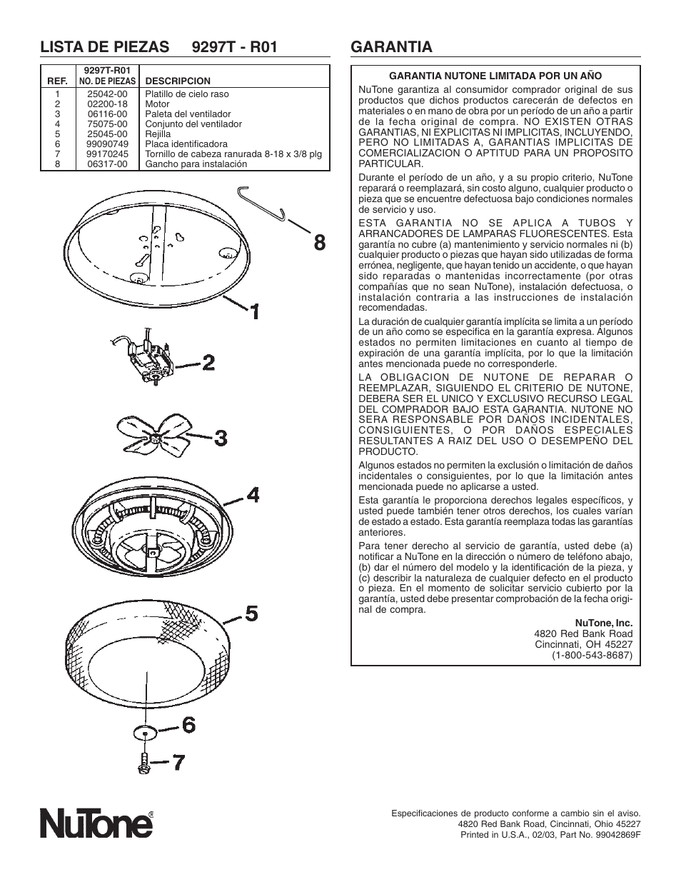 Garantia | NuTone 9297T User Manual | Page 8 / 8