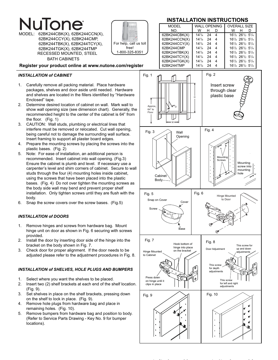 NuTone 62BK244TGK(X) User Manual | 4 pages