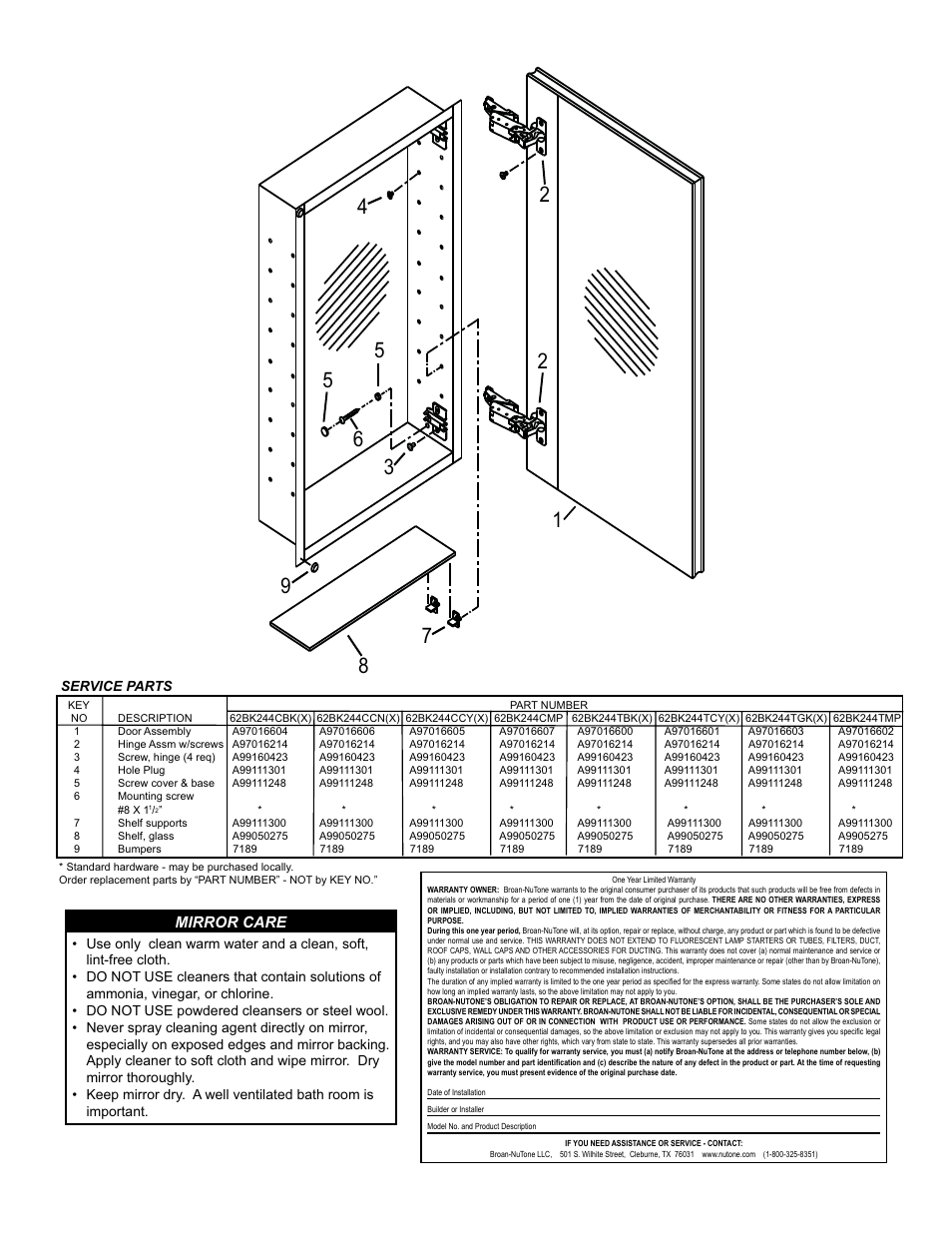 Mirror care | NuTone 62BK244TGK(X) User Manual | Page 2 / 4