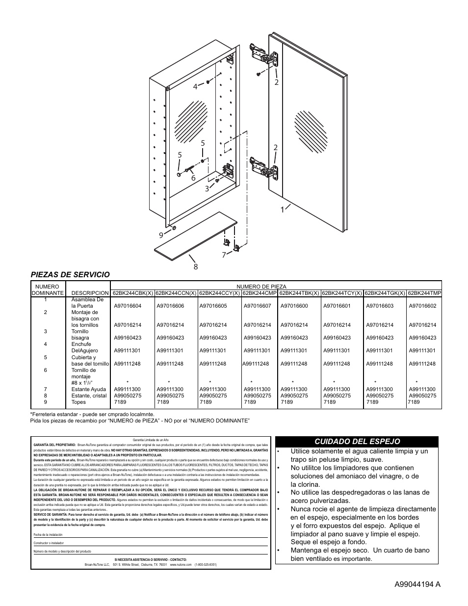 Cuidado del espejo | NuTone 62BK244TGK(X) User Manual | Page 4 / 4