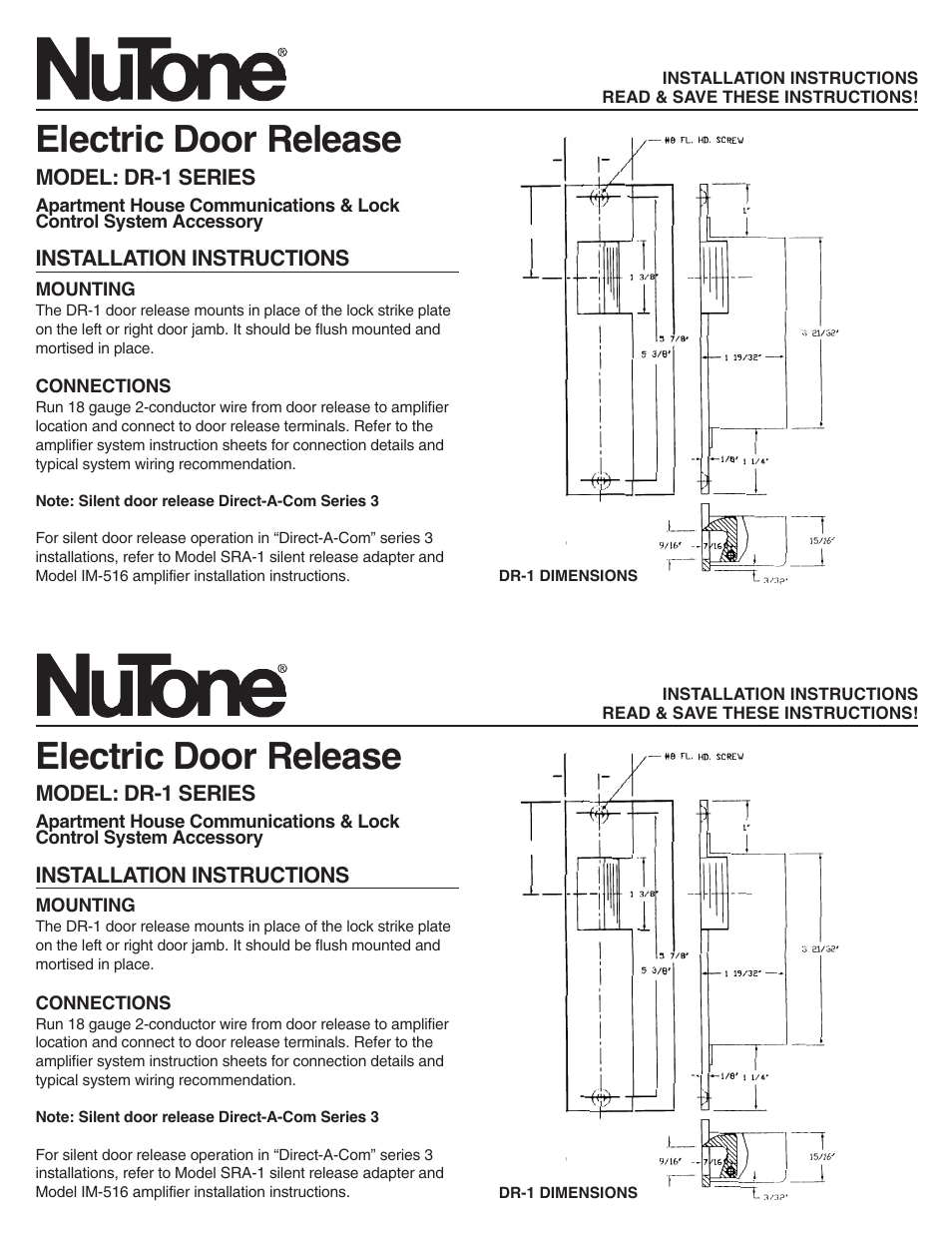 NuTone DR-1 User Manual | 2 pages