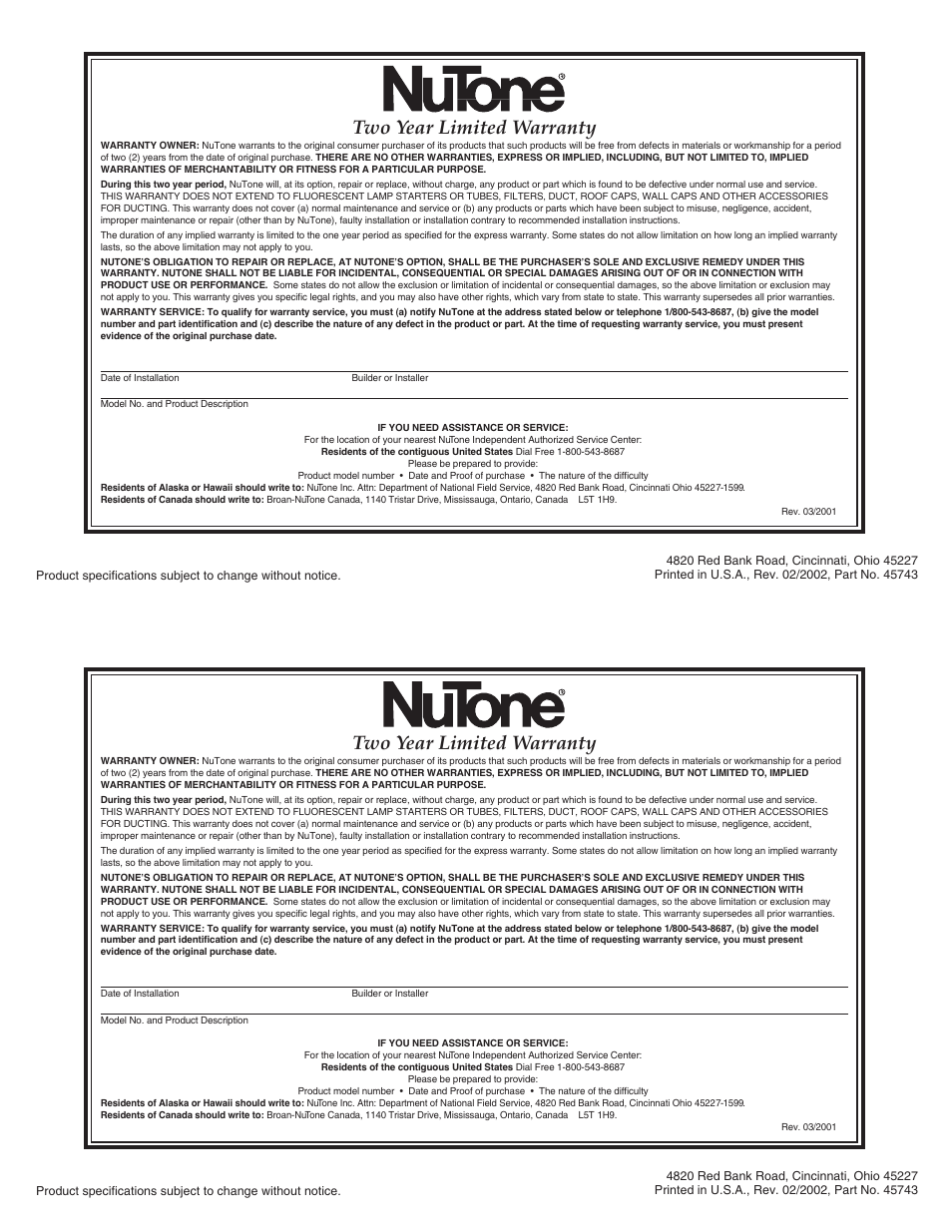 Two year limited warranty | NuTone DR-1 User Manual | Page 2 / 2