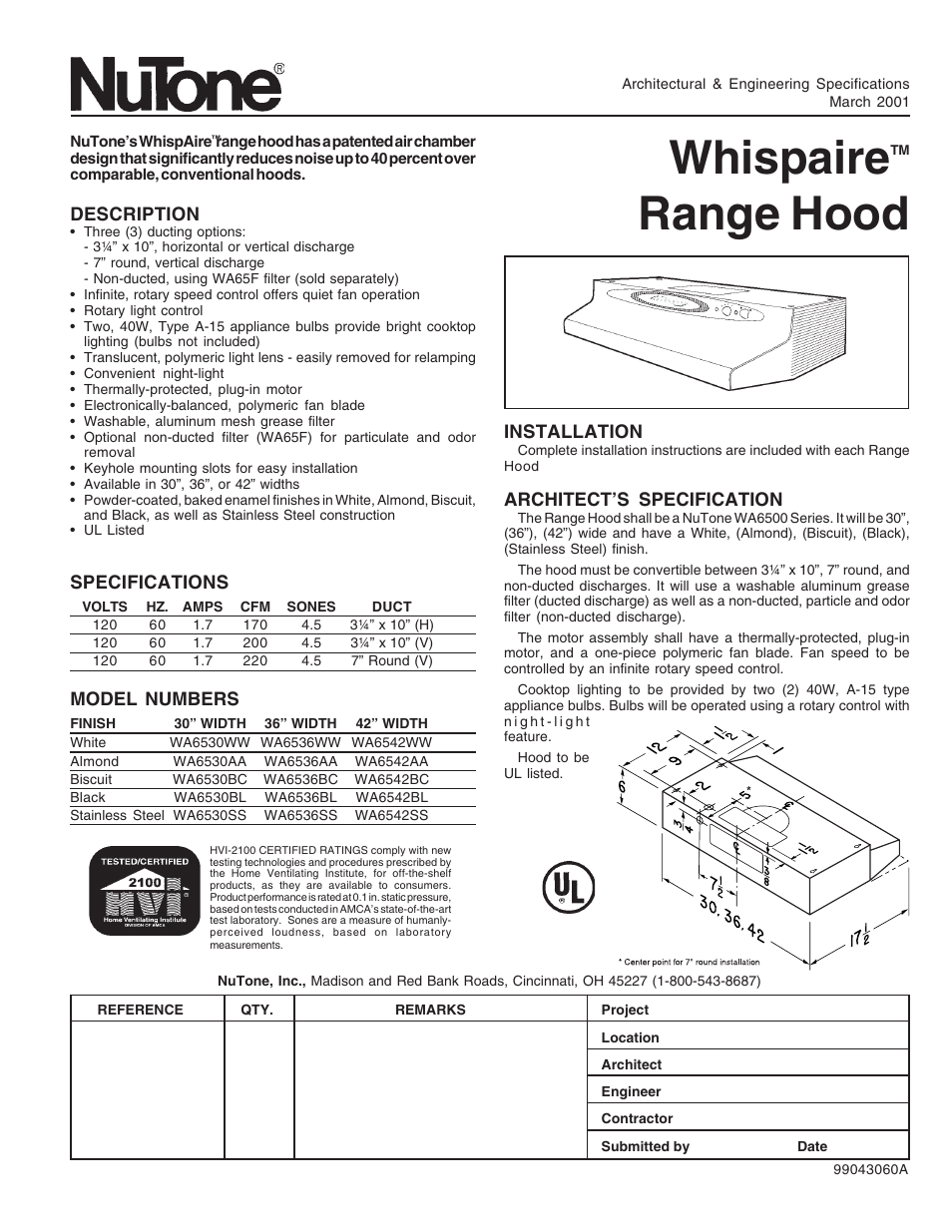 NuTone WA6500 User Manual | 1 page