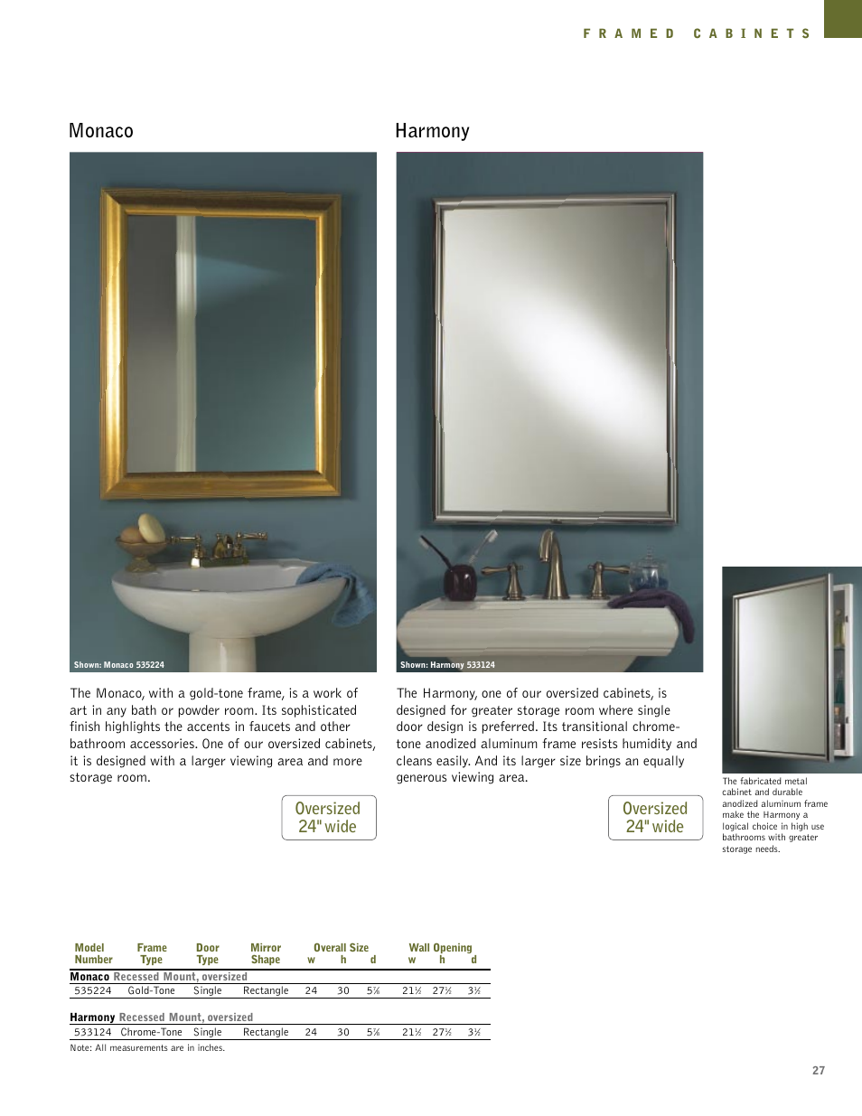 Harmony, Monaco, Oversized 24" wide oversized 24" wide | NuTone Hampton Series User Manual | Page 27 / 60