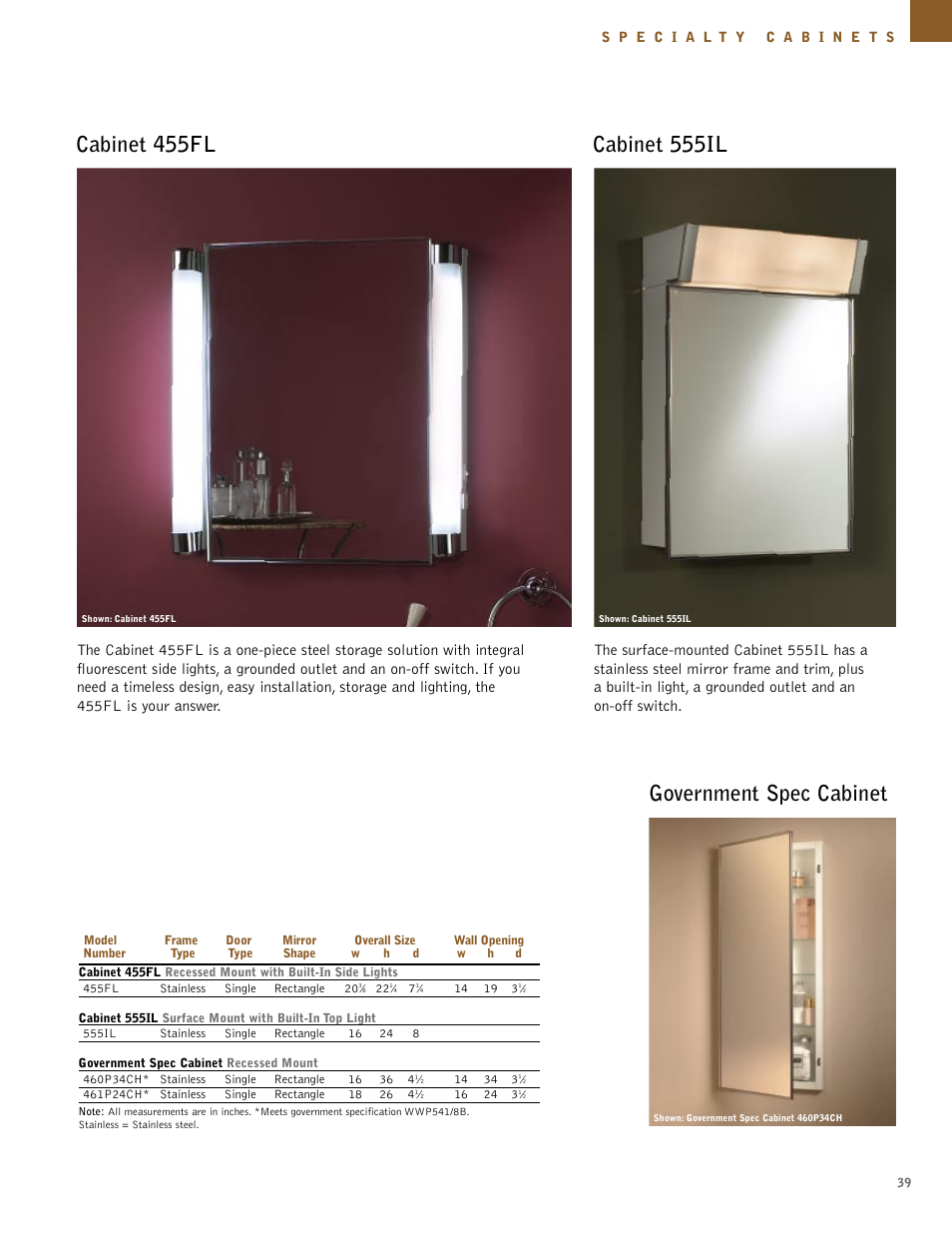 Cabinet 455fl, Cabinet 555il, Government spec cabinet | NuTone Hampton Series User Manual | Page 39 / 60