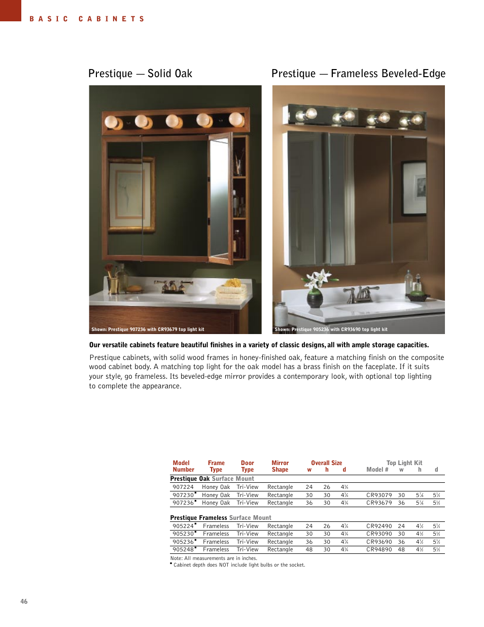 Prestique — solid oak, Prestique — frameless beveled-edge | NuTone Hampton Series User Manual | Page 46 / 60