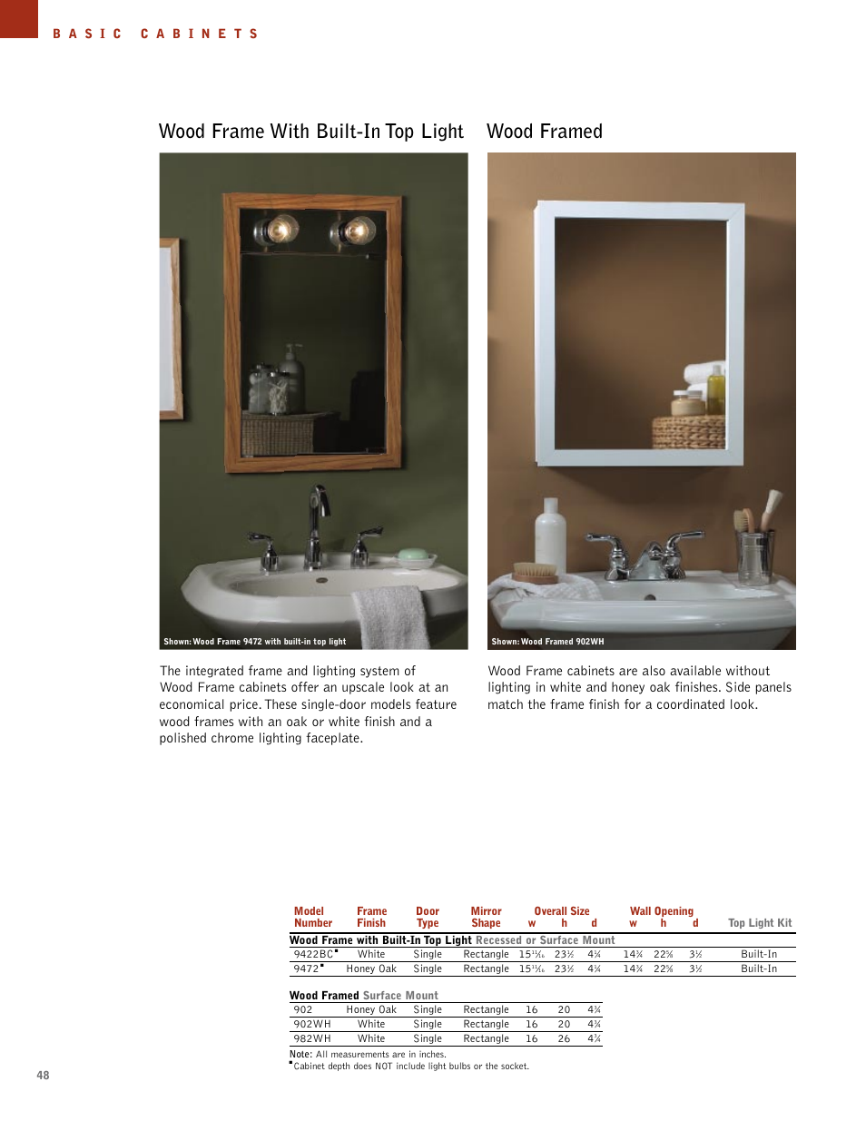 Wood frame with built-in top light, Wood framed | NuTone Hampton Series User Manual | Page 48 / 60