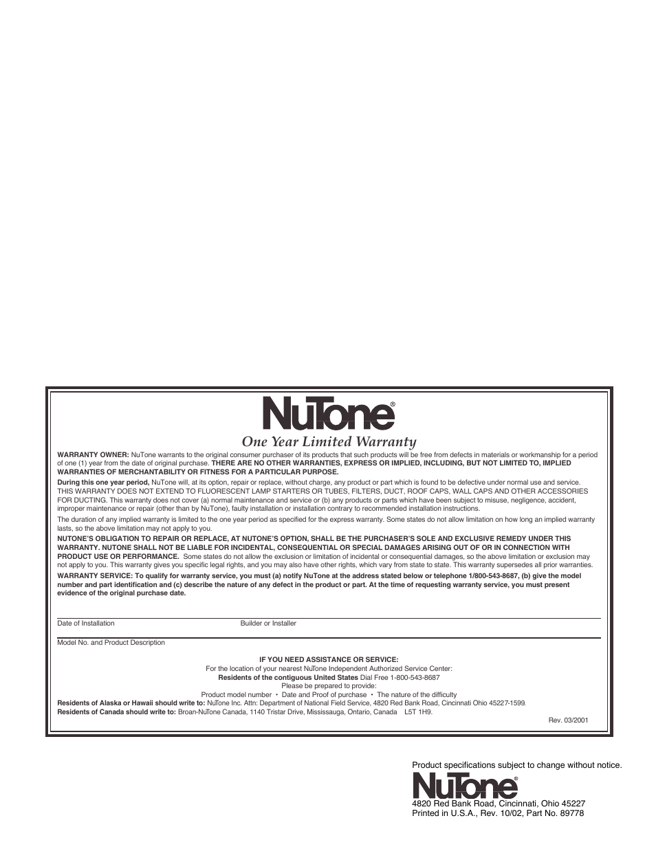 One year limited warranty | NuTone VS-62WH User Manual | Page 2 / 2