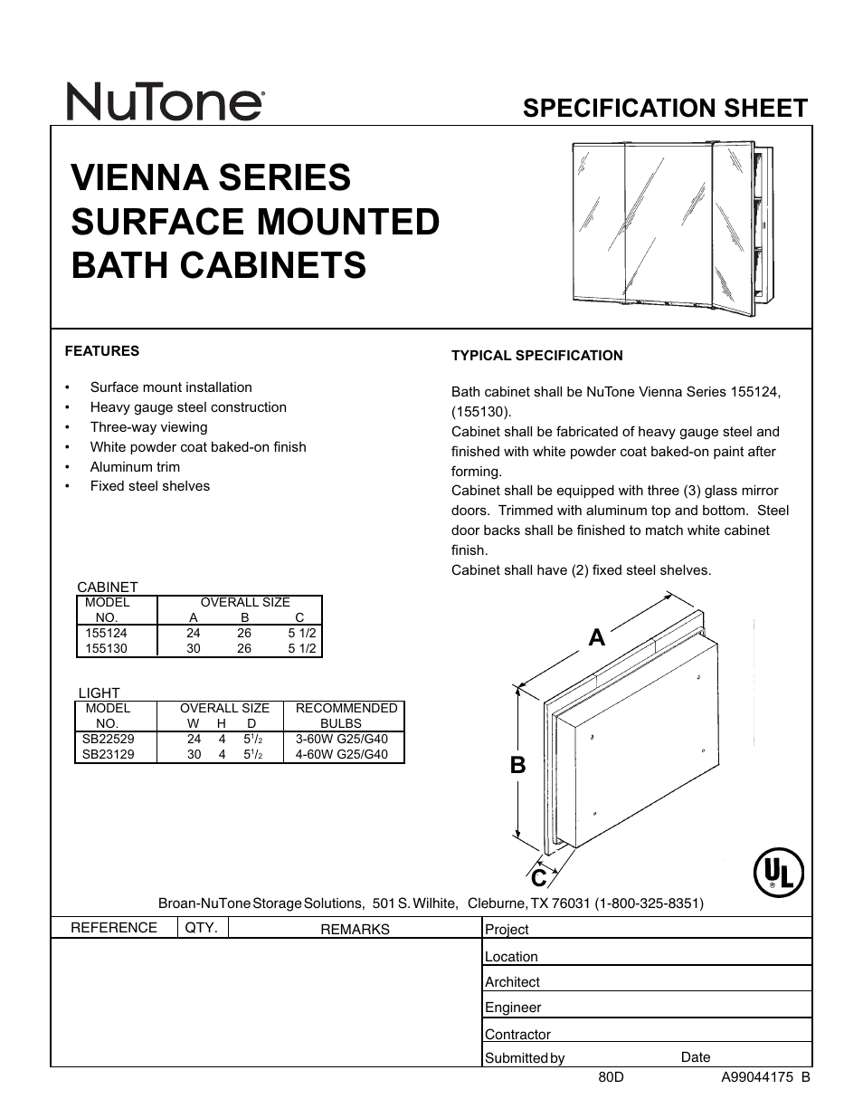 NuTone Surface Mounted Bath Cabinets Vienna Series User Manual | 1 page