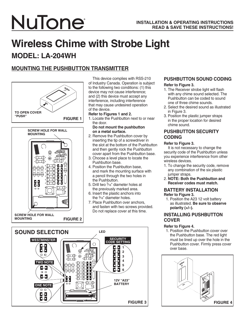 NuTone WIRELESS CHIME WITH STROBE LIGHT LA-204WH User Manual | 6 pages