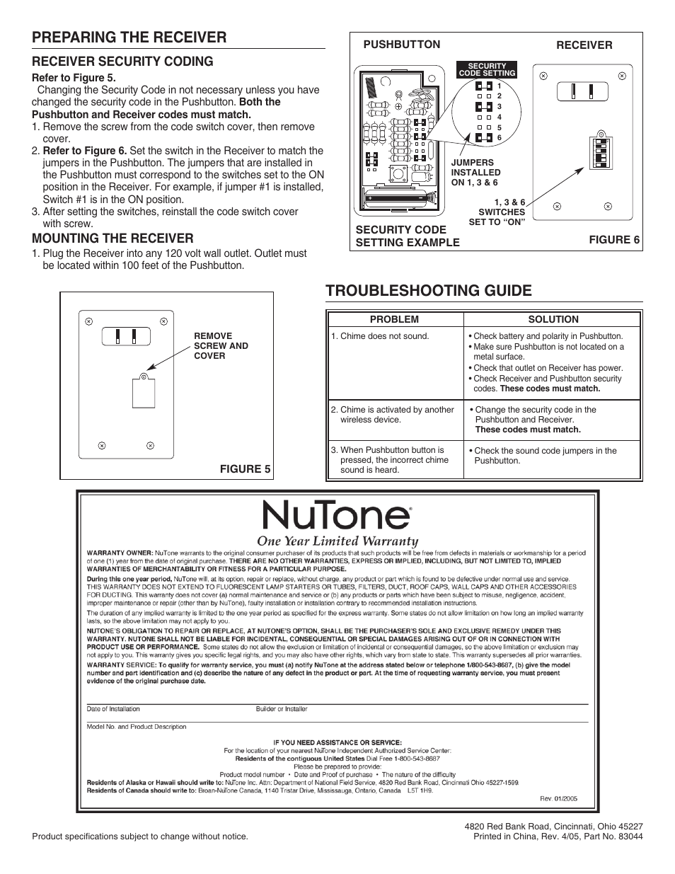 Troubleshooting guide preparing the receiver, Receiver security coding, Mounting the receiver | NuTone WIRELESS CHIME WITH STROBE LIGHT LA-204WH User Manual | Page 2 / 6