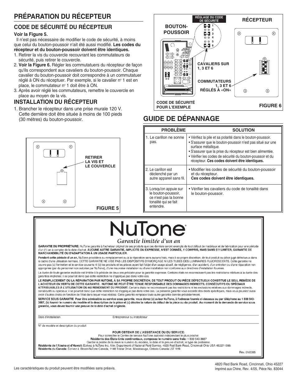 Guide de dépannage, Préparation du récepteur, Code de sécurité du récepteur | Installation du récepteur | NuTone WIRELESS CHIME WITH STROBE LIGHT LA-204WH User Manual | Page 4 / 6