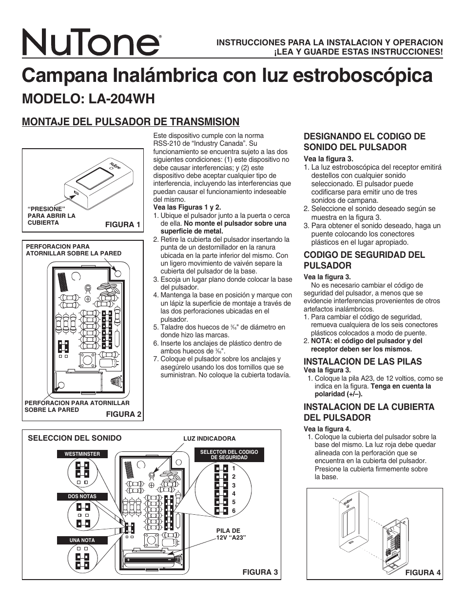 Campana inalámbrica con luz estroboscópica, Modelo: la-204wh, Montaje del pulsador de transmision | Designando el codigo de sonido del pulsador, Codigo de seguridad del pulsador, Instalacion de las pilas, Instalacion de la cubierta del pulsador | NuTone WIRELESS CHIME WITH STROBE LIGHT LA-204WH User Manual | Page 5 / 6