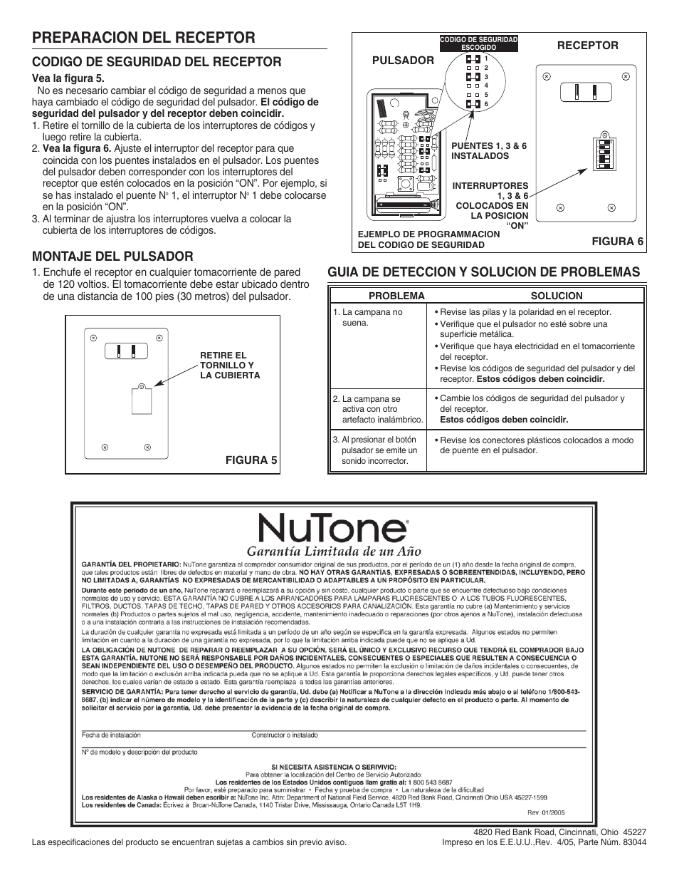 Preparacion del receptor, Guia de deteccion y solucion de problemas, Codigo de seguridad del receptor | Montaje del pulsador, Figura 5, Figura 6, Pulsador, Receptor, Vea la figura 5 | NuTone WIRELESS CHIME WITH STROBE LIGHT LA-204WH User Manual | Page 6 / 6