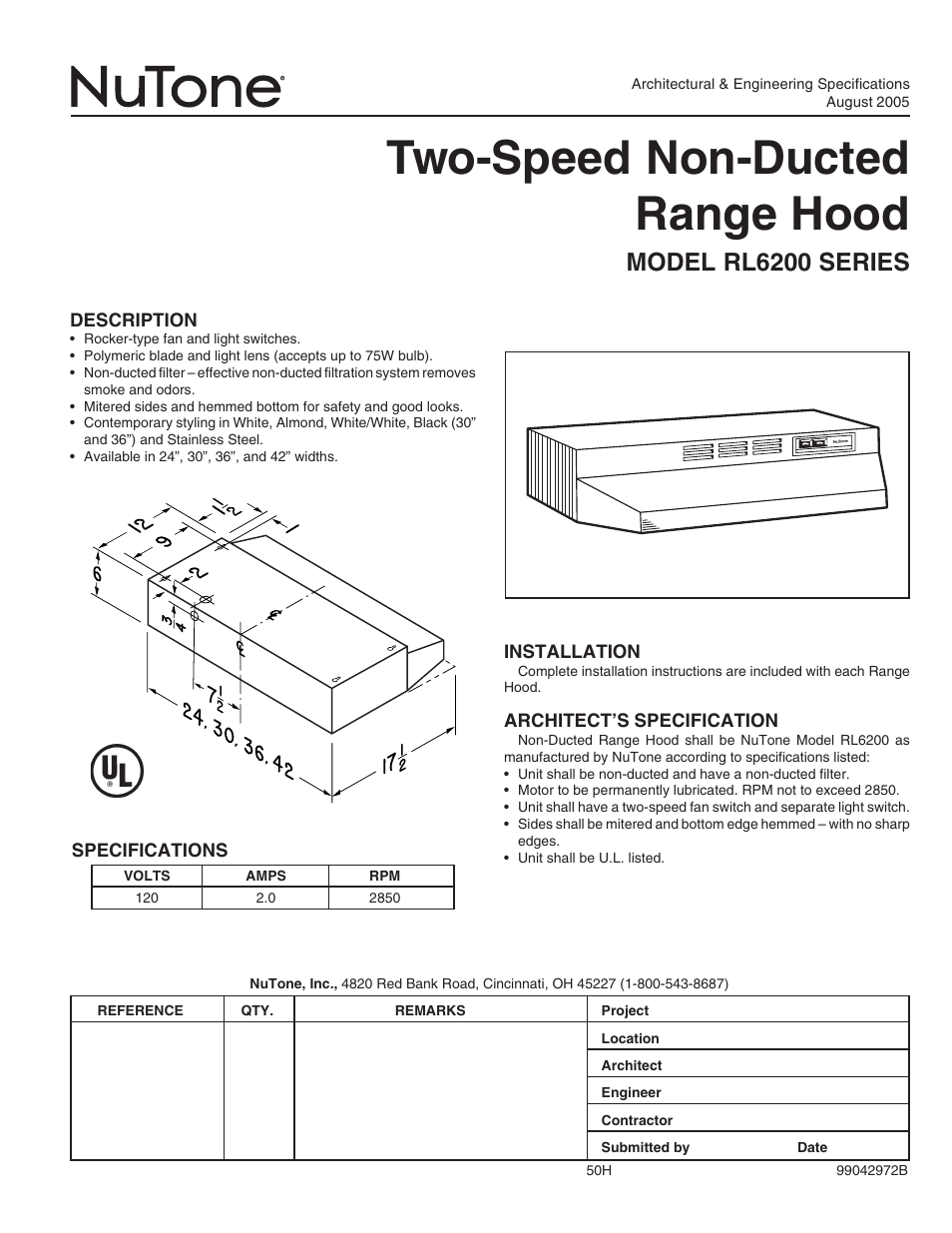 NuTone RL6200 User Manual | 1 page