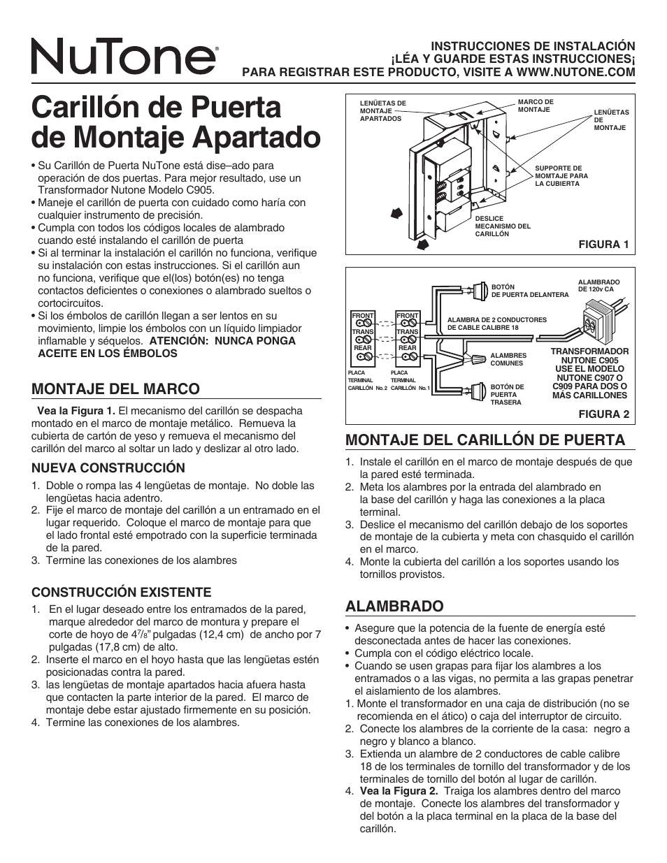 Carillón de puerta de montaje apartado, Montaje del marco, Alambrado | Montaje del carillón de puerta, Nueva construcción, Construcción existente | NuTone LA14WH User Manual | Page 2 / 4