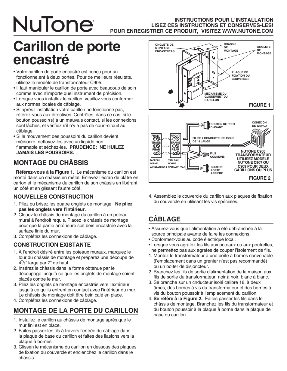 Carillon de porte encastré, Montage du châssis, Montage de la porte du carillon | Câblage, Nouvelles construction, Construction existante | NuTone LA14WH User Manual | Page 3 / 4