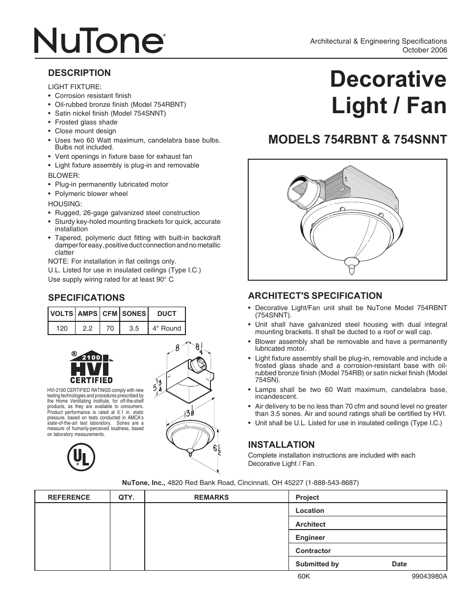 NuTone DECORATIVE 754SNNT User Manual | 1 page