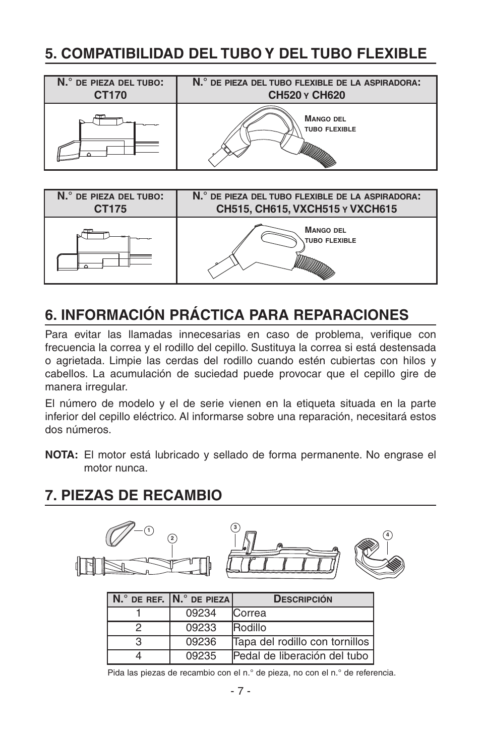Compatibilidad del tubo y del tubo flexible, Piezas de recambio, Información práctica para reparaciones | NuTone AB0008 User Manual | Page 15 / 16