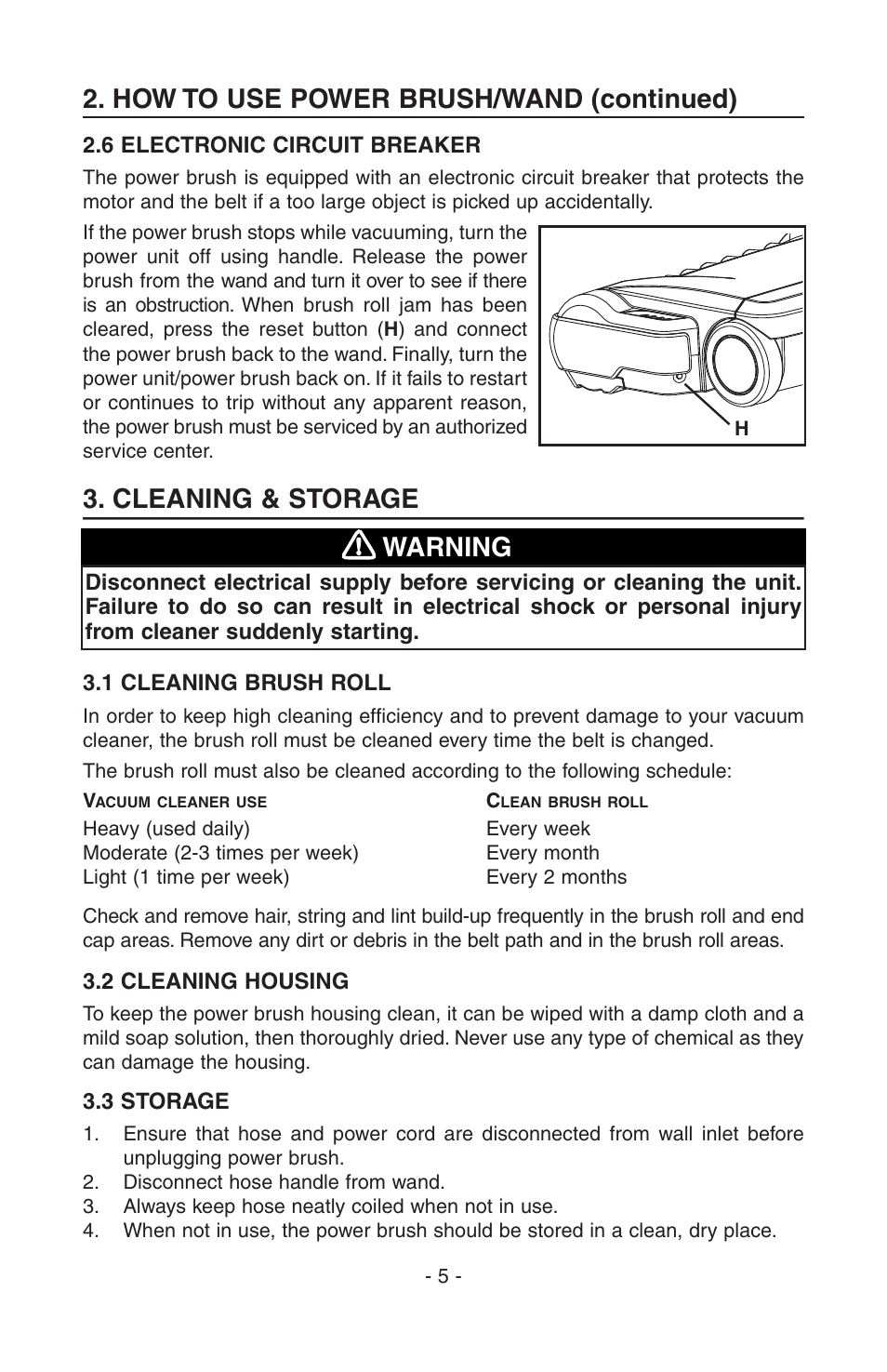 Cleaning & storage, Warning, How to use power brush/wand (continued) | NuTone AB0008 User Manual | Page 5 / 16