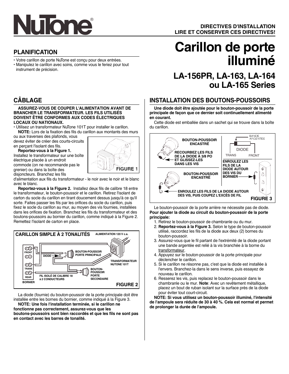 Carillon de porte illuminé, Câblage, Installation des boutons-poussoirs | Planification | NuTone LA-163 User Manual | Page 3 / 6