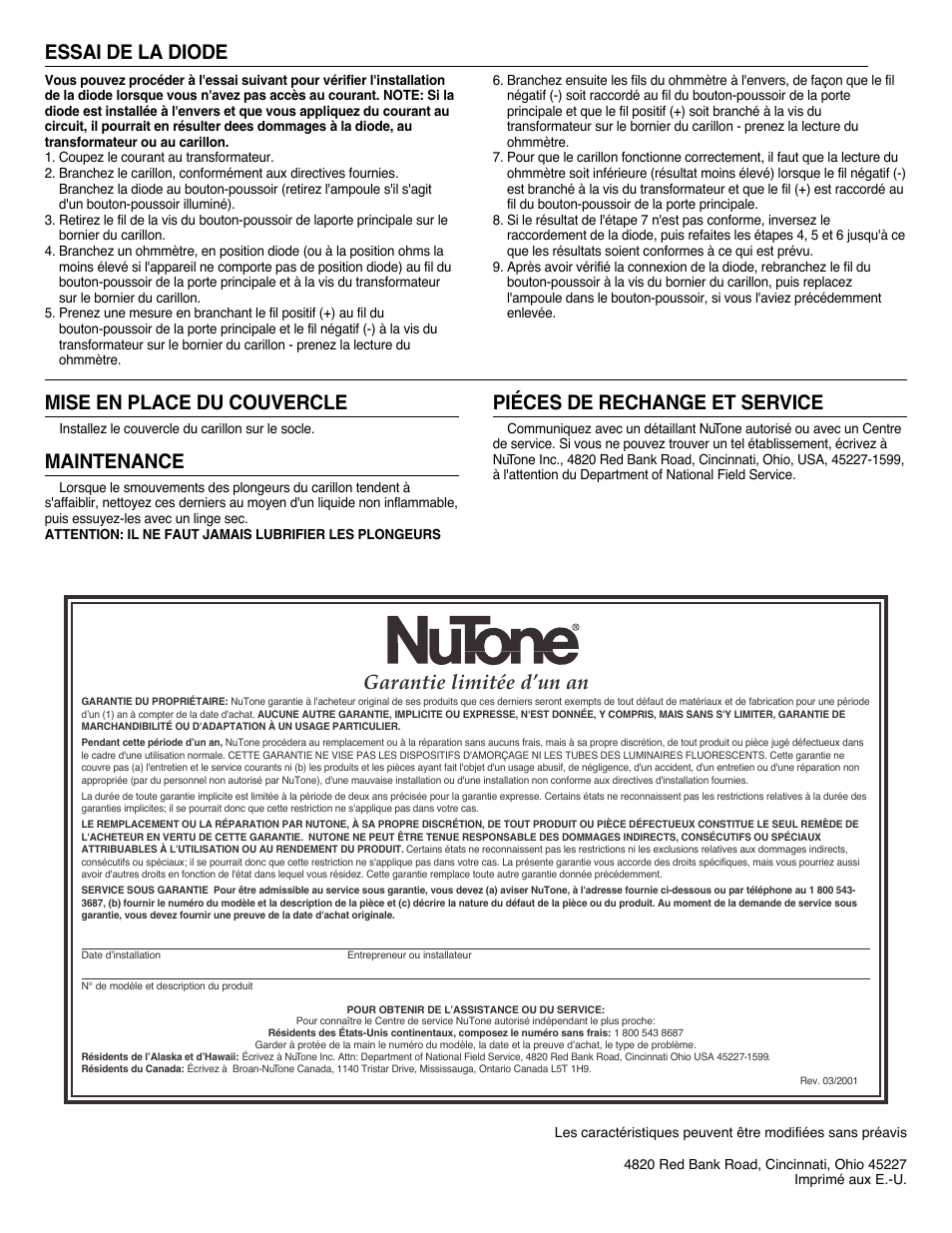 Essai de la diode mise en place du couvercle, Maintenance, Piéces de rechange et service | Garantie limitée d’un an | NuTone LA-163 User Manual | Page 4 / 6