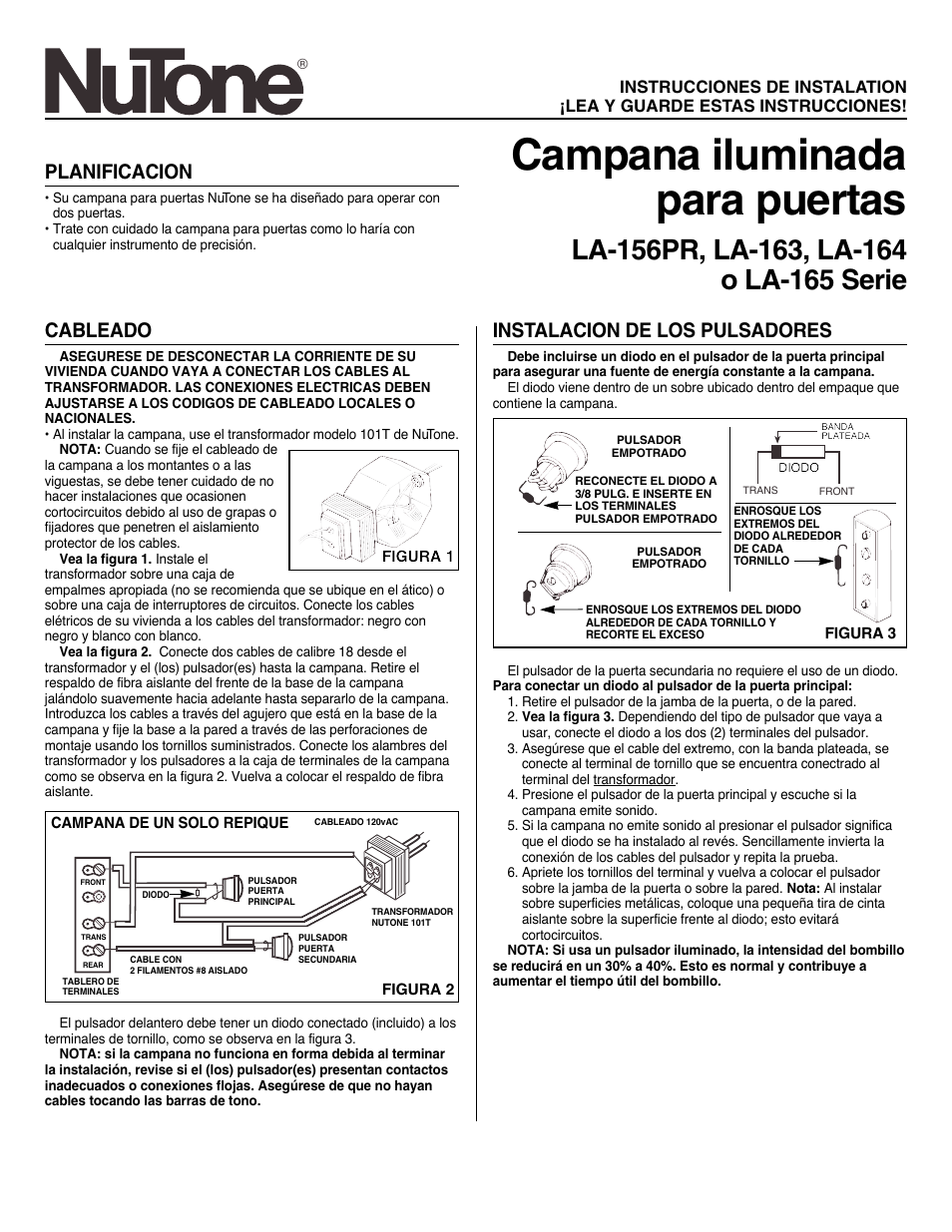 Campana iluminada para puertas, Cableado, Instalacion de los pulsadores | Planificacion | NuTone LA-163 User Manual | Page 5 / 6