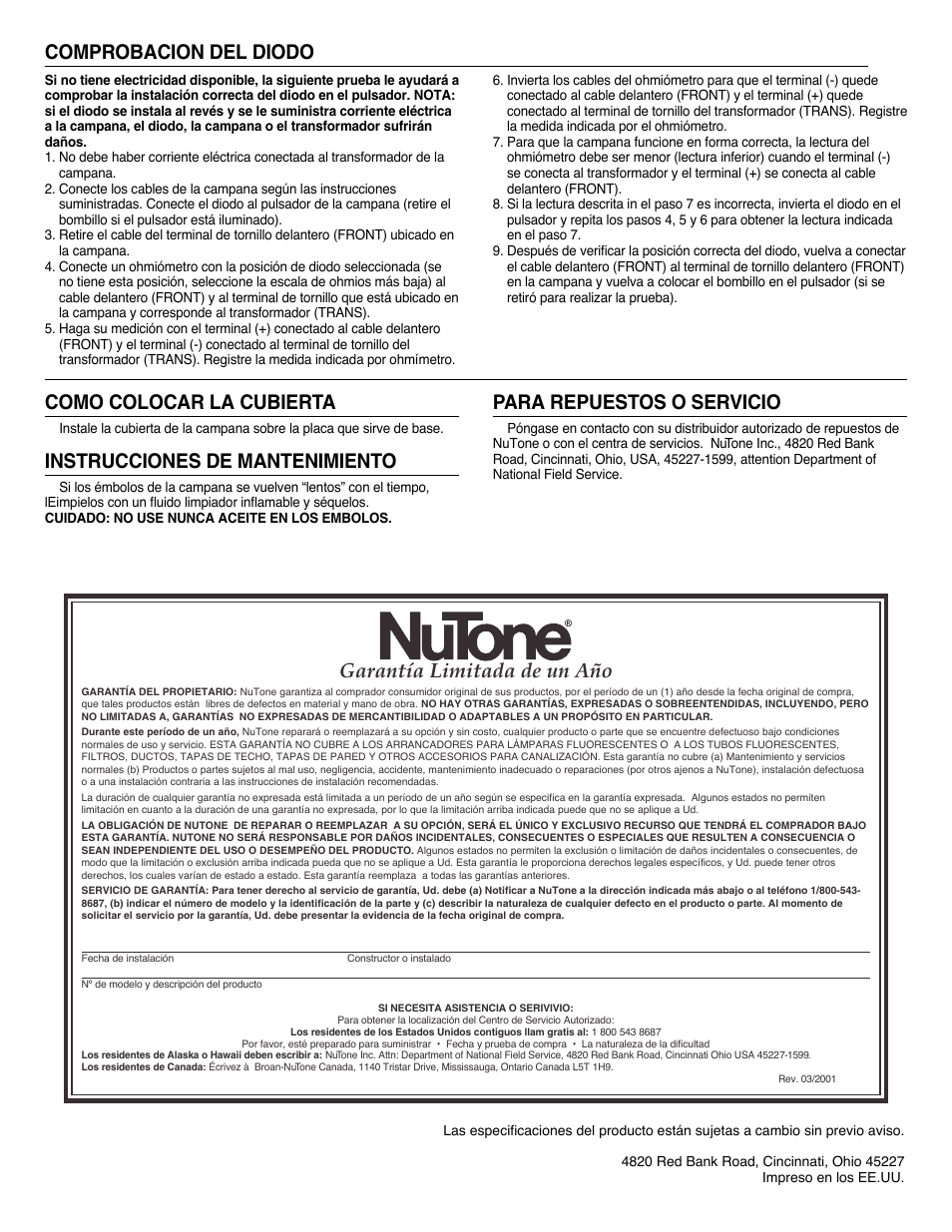 Comprobacion del diodo como colocar la cubierta, Instrucciones de mantenimiento, Para repuestos o servicio | Garantía limitada de un año | NuTone LA-163 User Manual | Page 6 / 6