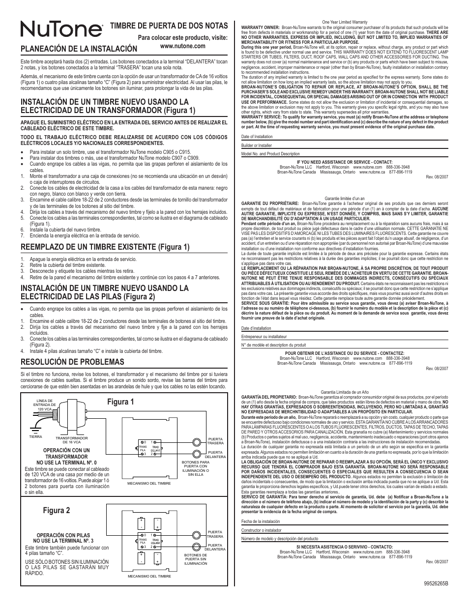 Planeación de la instalación, Reemplazo de un timbre existente (figura 1), Resolución de problemas | Timbre de puerta de dos notas, Figura 1 figura 2 | NuTone C905 User Manual | Page 2 / 2