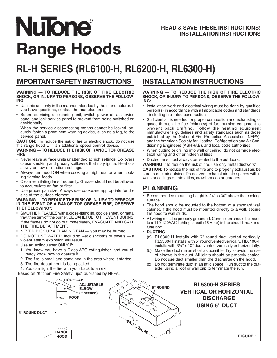 NuTone RANGE HOODS RL6200-H User Manual | 4 pages