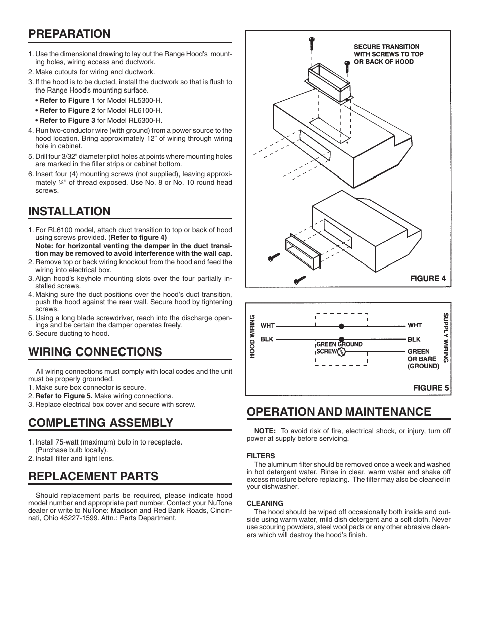 Preparation, Installation, Wiring connections | Completing assembly, Replacement parts, Operation and maintenance | NuTone RANGE HOODS RL6200-H User Manual | Page 3 / 4