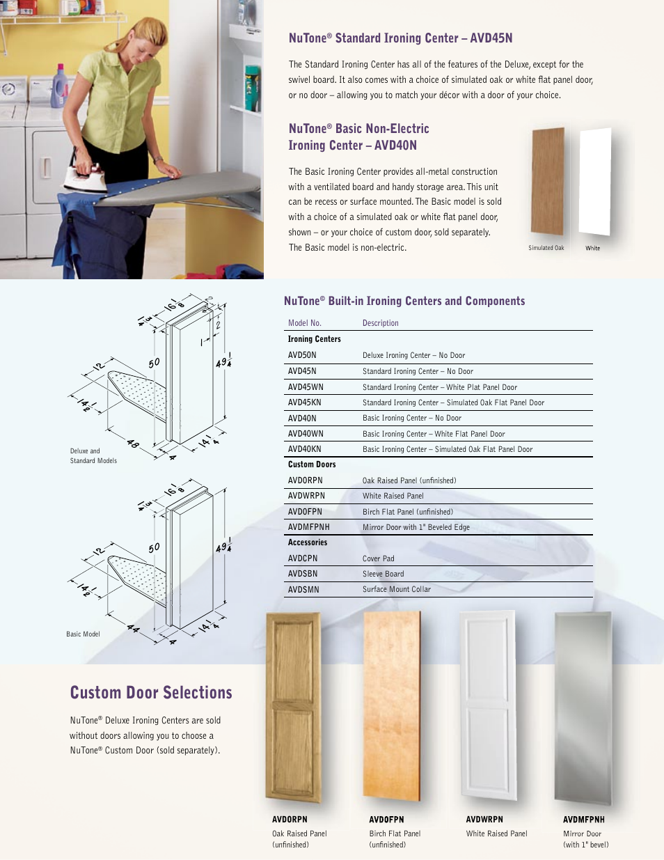 Custom door selections, Basic non-electric ironing center – avd40n, Standard ironing center – avd45n | Nutone, Built-in ironing centers and components | NuTone AVD40WN User Manual | Page 3 / 4