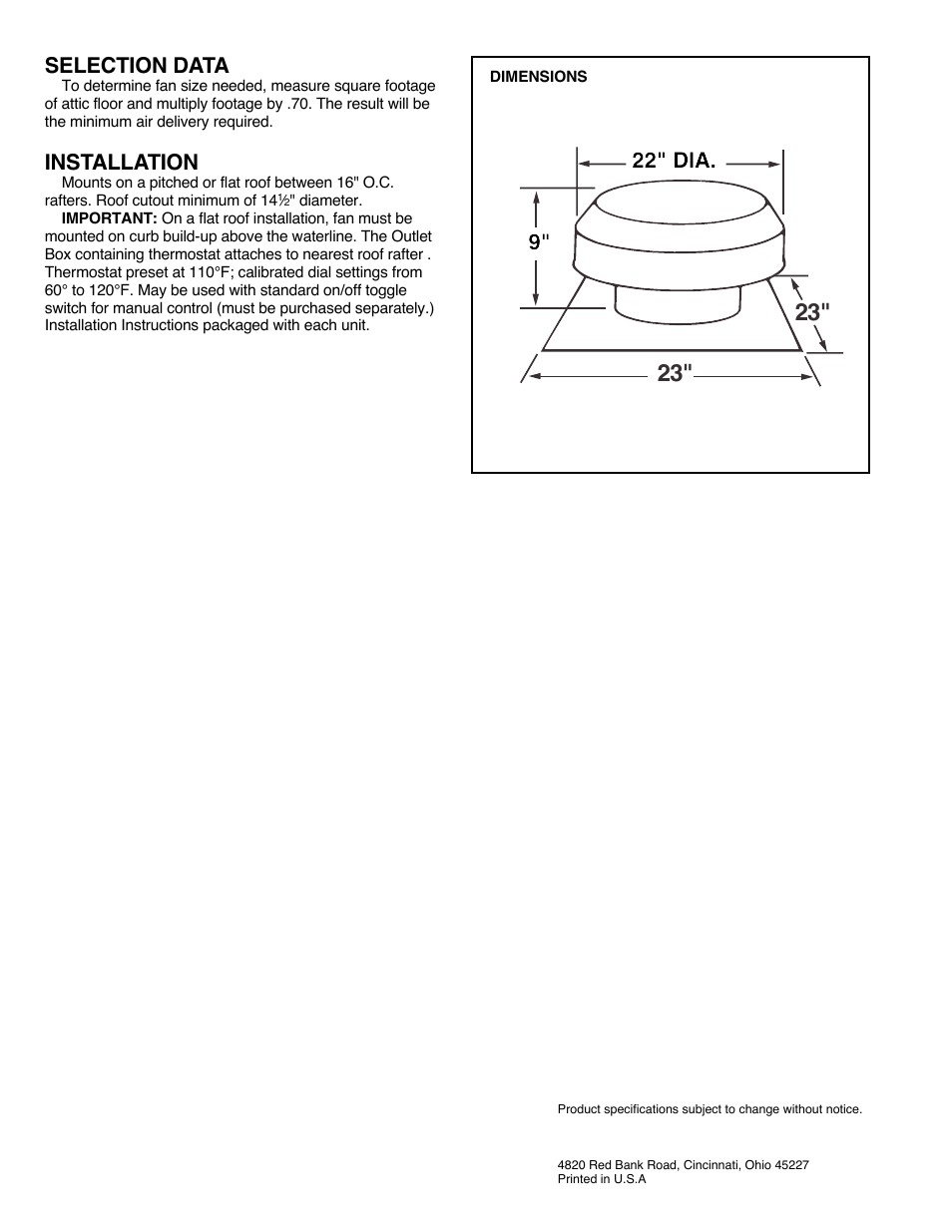 24" dia. 10, Selection data, Installation | 22" dia. 9 | NuTone RF-79RP User Manual | Page 2 / 2